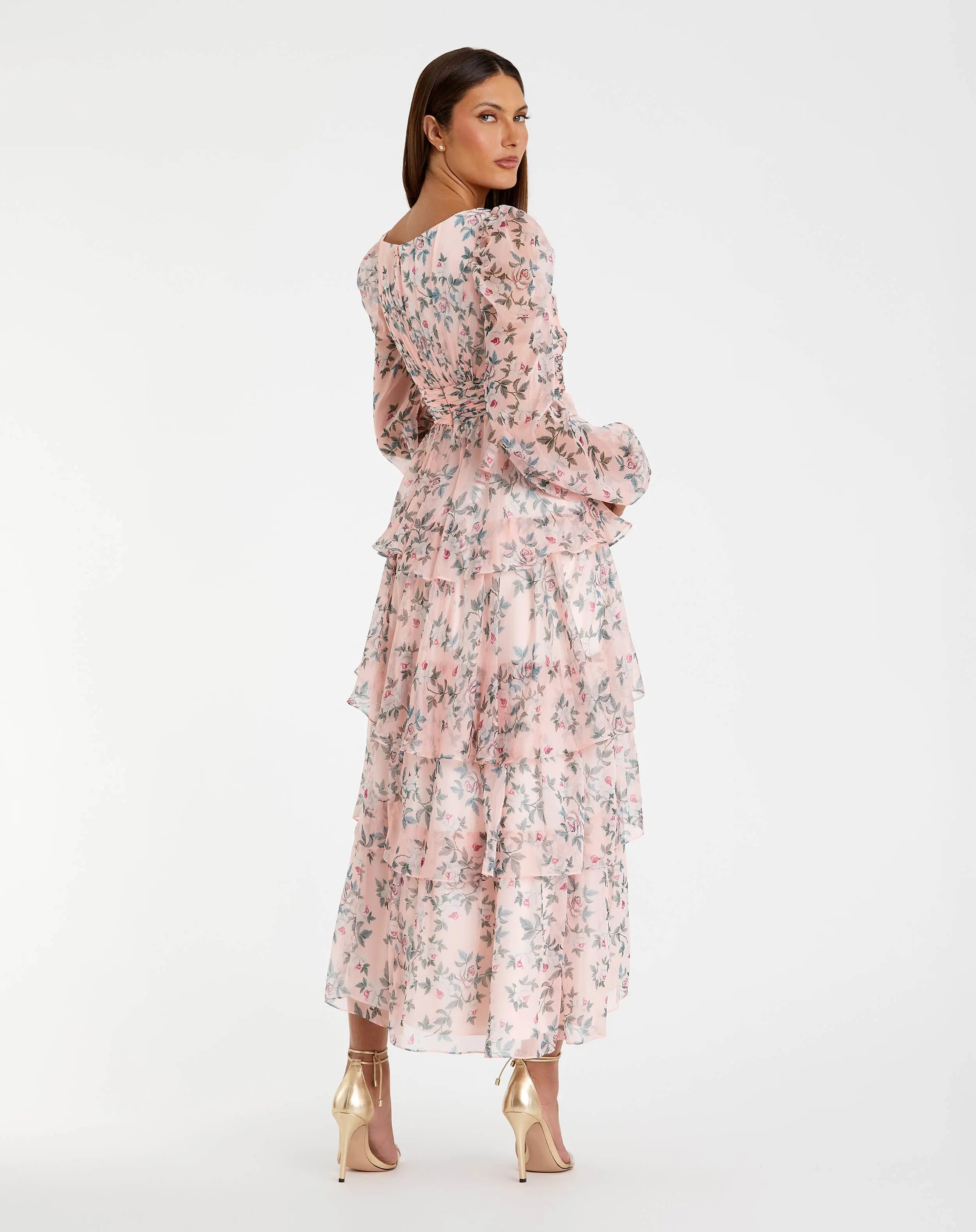 Pink Puff Sleeve Floral Printed Dress - Ieena for Mac Duggal