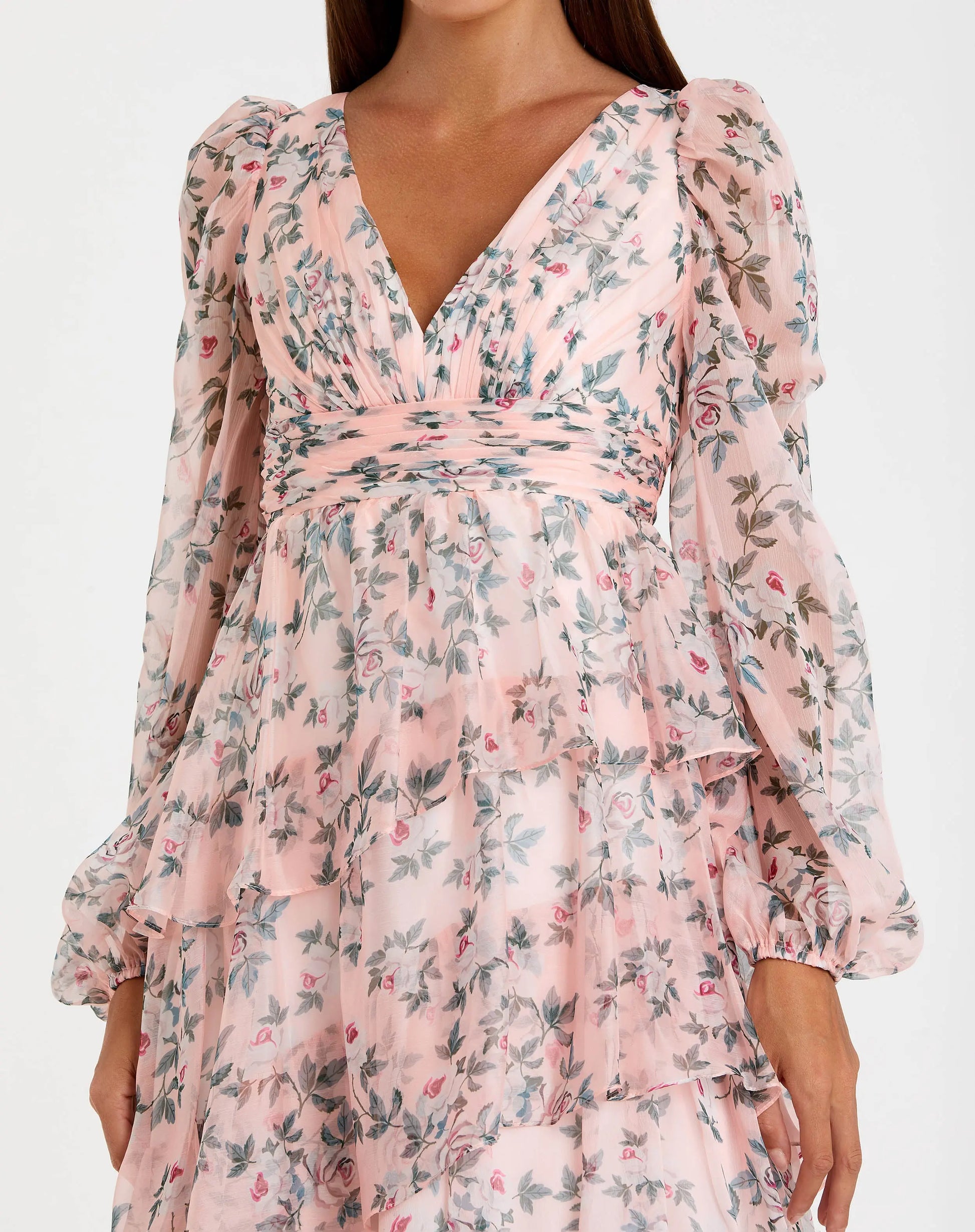 mac duggal floral print chiffon puff sleeve tiered hem dress Blue Ruffle Tiered Floral Cut-Out Chiffon Gown