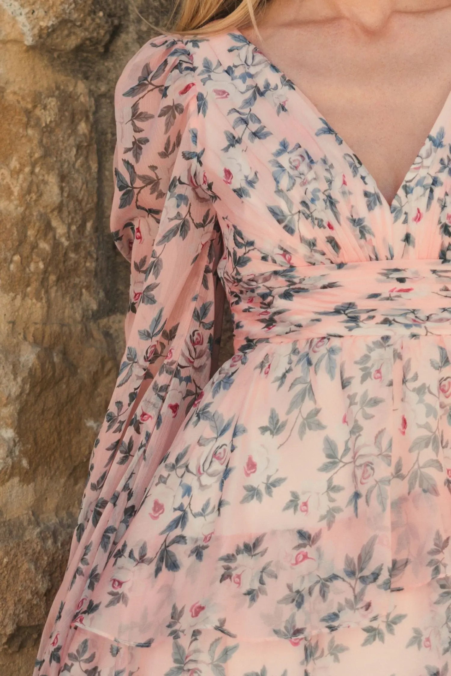 mac duggal floral print chiffon puff sleeve tiered hem dress Puff Sleeve Floral Printed Dress