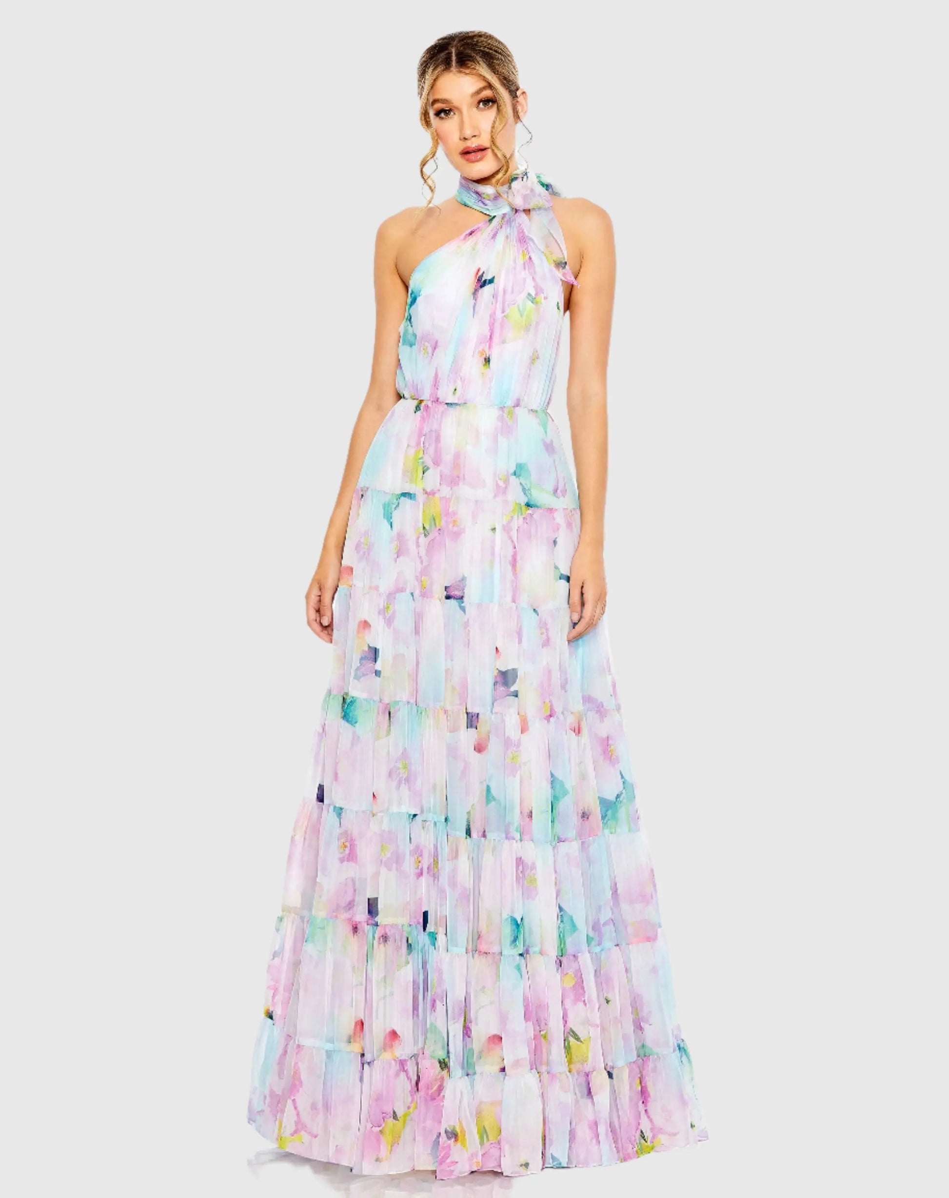 Floral Print Asymmetrical Halter Neck Tiered Gown - Mac Duggal