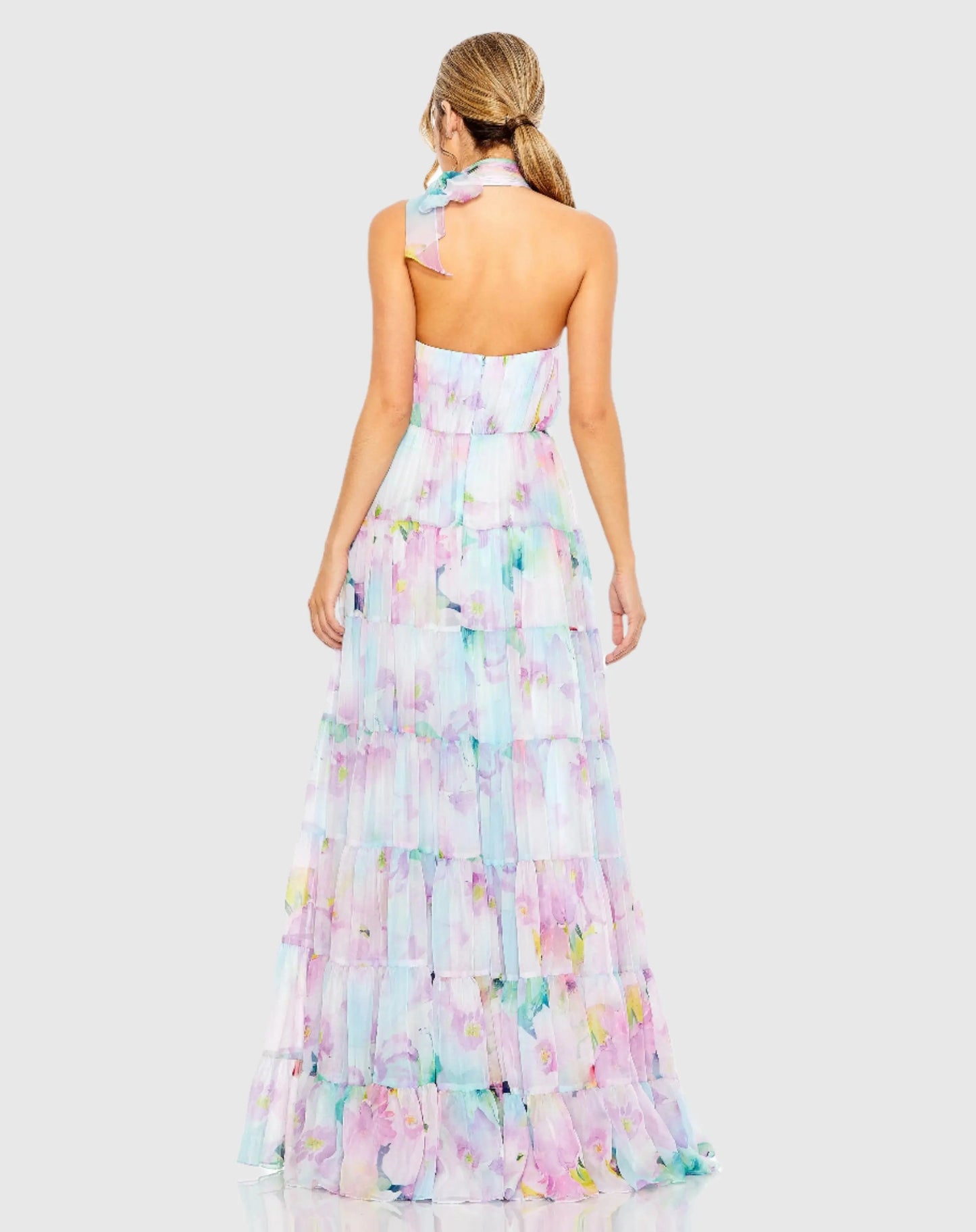 Floral Print Asymmetrical Halter Neck Tiered Gown - Mac Duggal