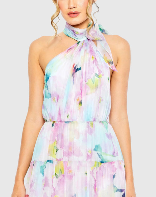 Floral Print Asymmetrical Halter Neck Tiered Gown