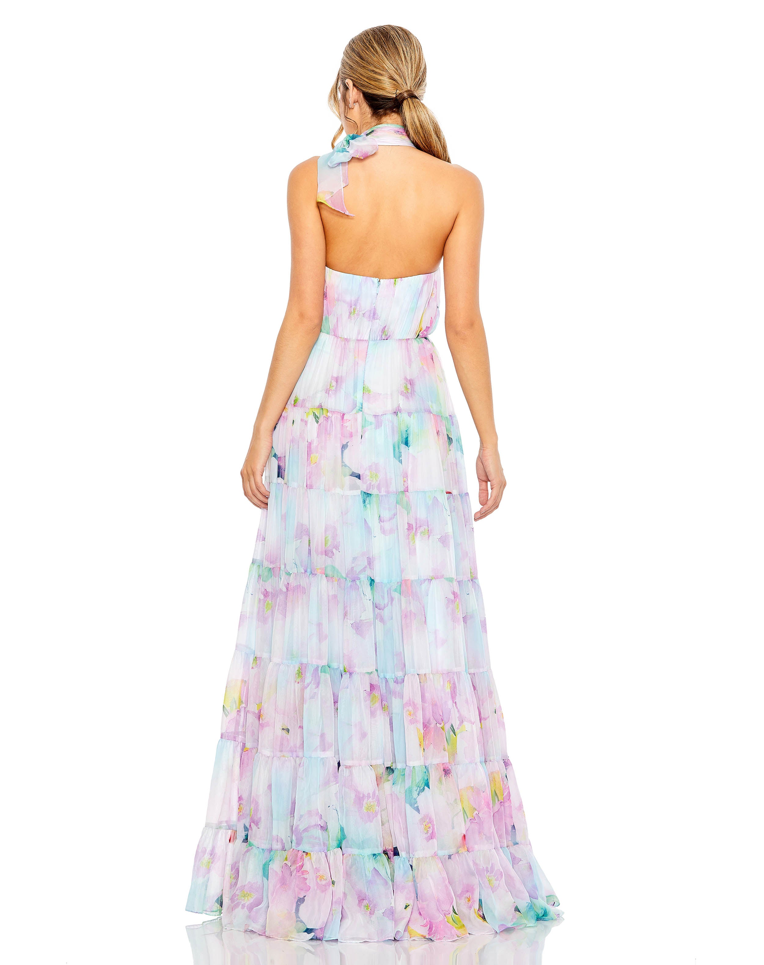Floral Print Asymmetrical Halter Neck Tiered Gown
