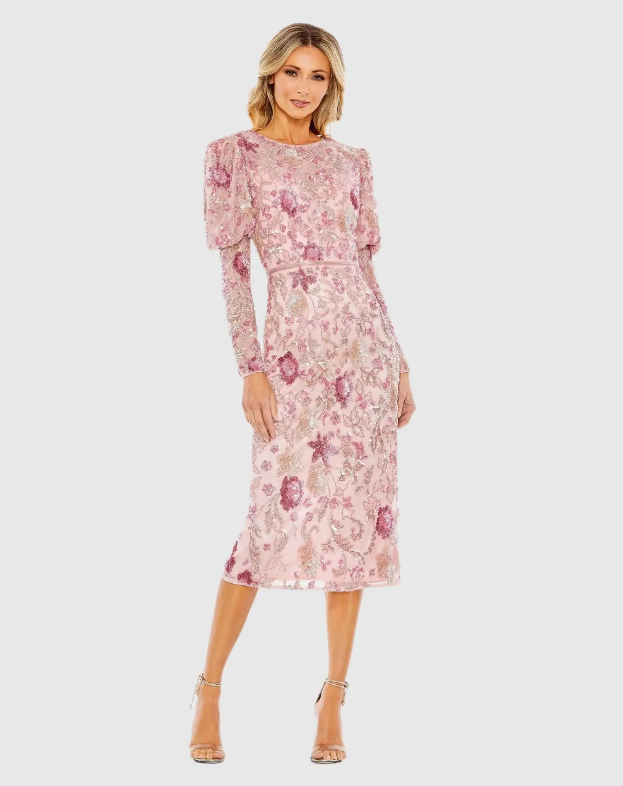 Pink Embellished Puff Sleeve High Neck Dress - Mac Duggal