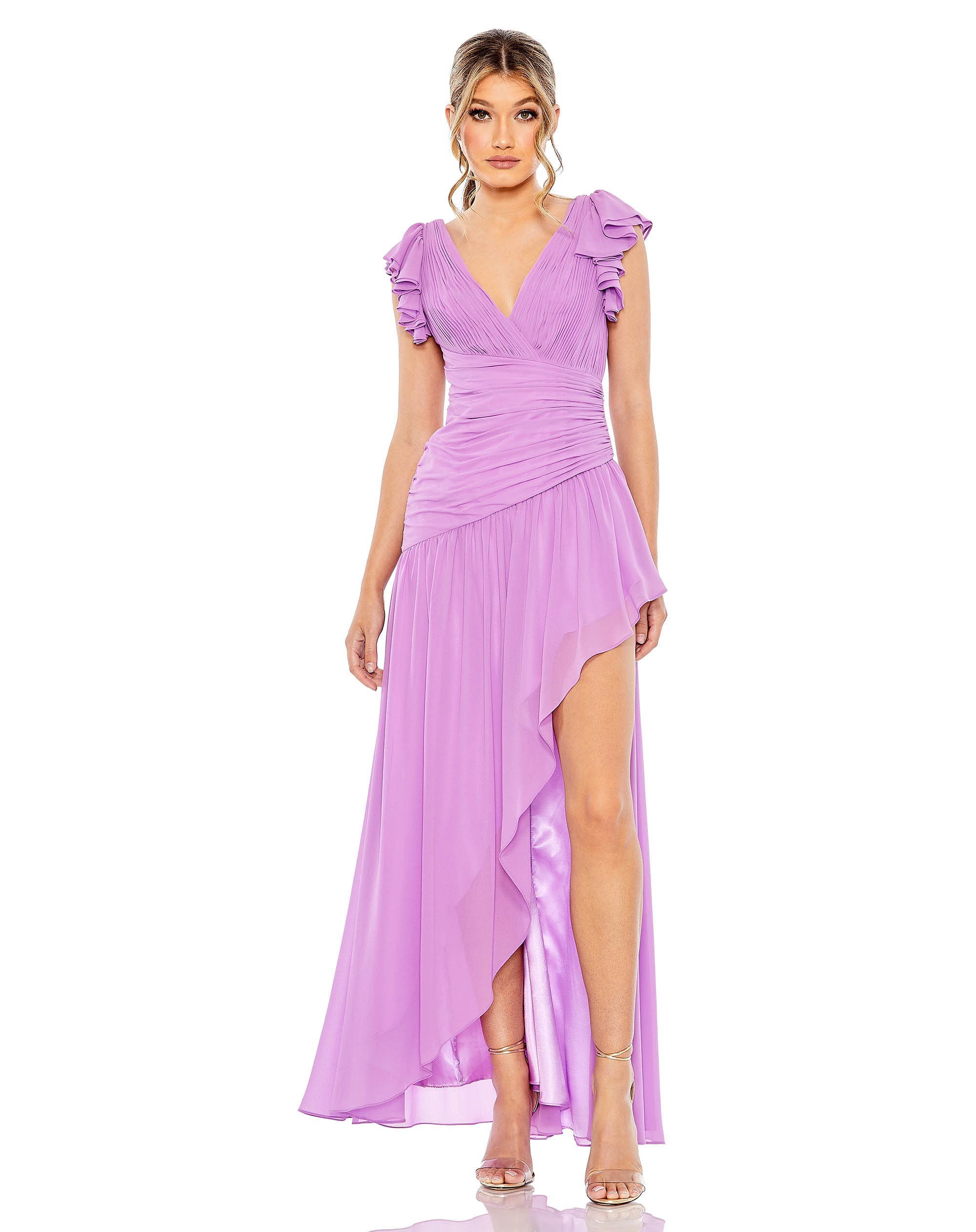 Ruched Faux Wrap Flutter Sleeve Asymetrical Gown  | Sample | Sz. 2