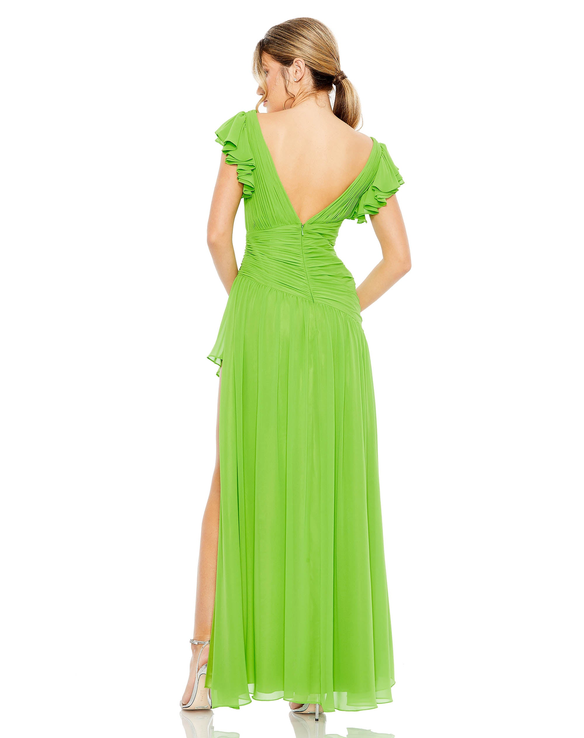 Ruched Faux Wrap Flutter Sleeve Asymetrical Gown  | Sample | Sz. 2