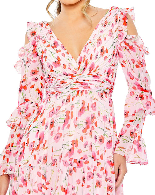 Ruffle Sleeve Floral Print Gown