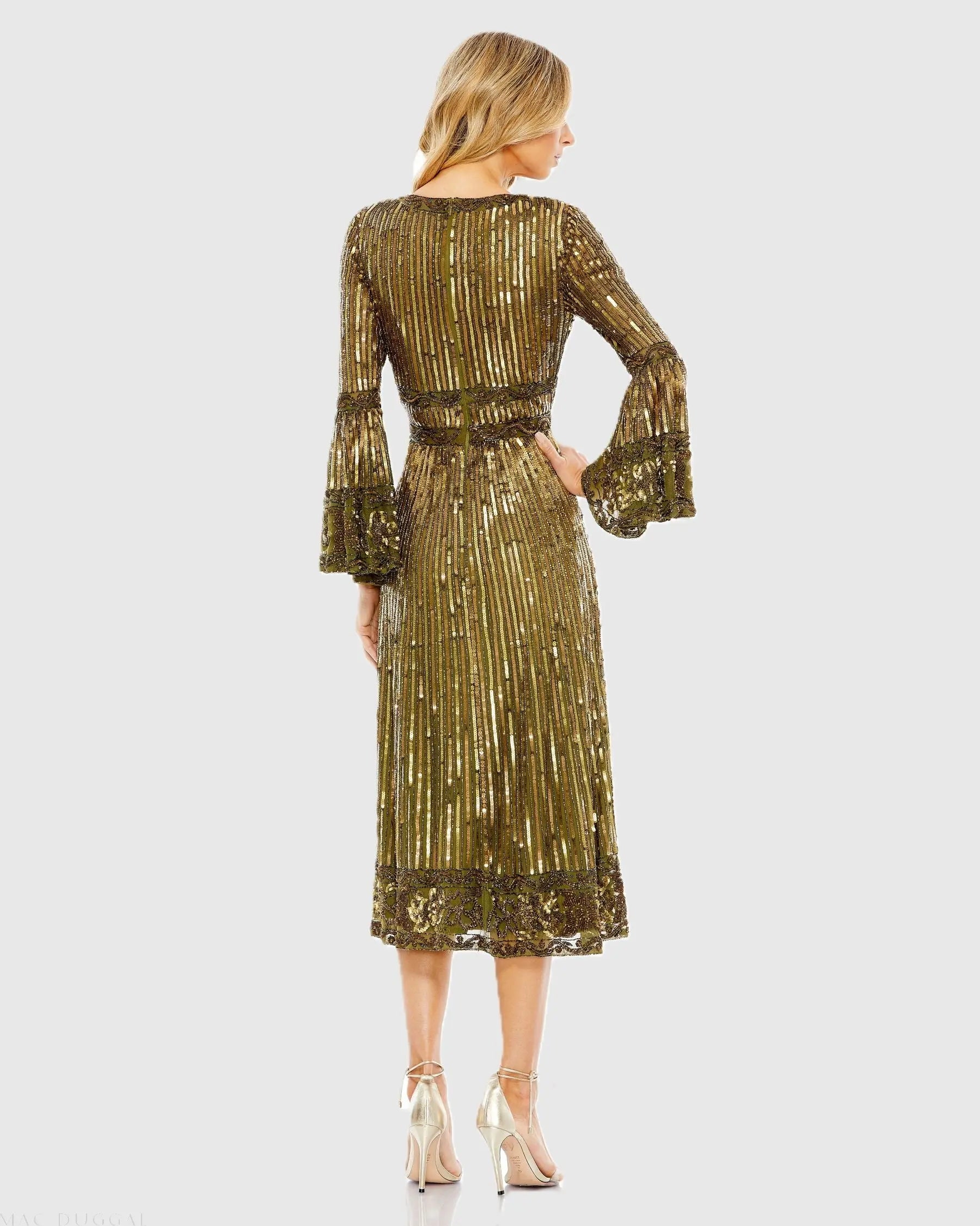 Embellished 3/4 Sleeve V Neck A Line Dress - Mac Duggal