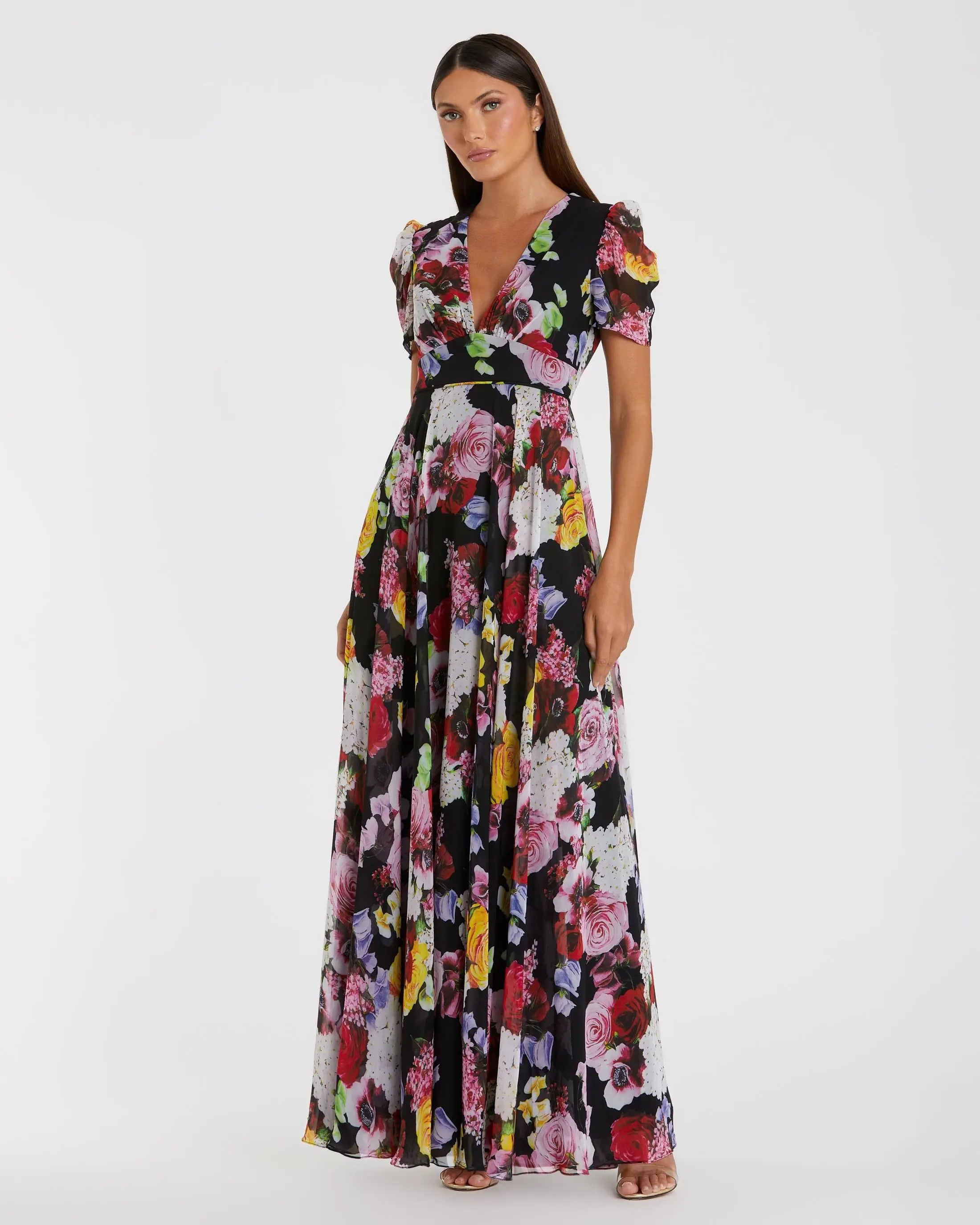 Black Floral Print Mesh Cap Sleeve Gown - Ieena for Mac Duggal