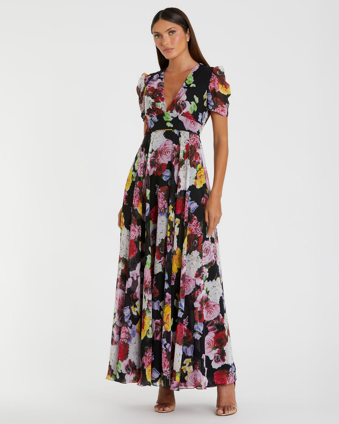 Floral Print Mesh Cap Sleeve Gown