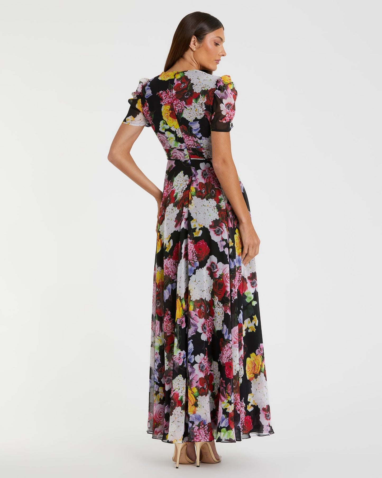 Floral Print Mesh Cap Sleeve Gown