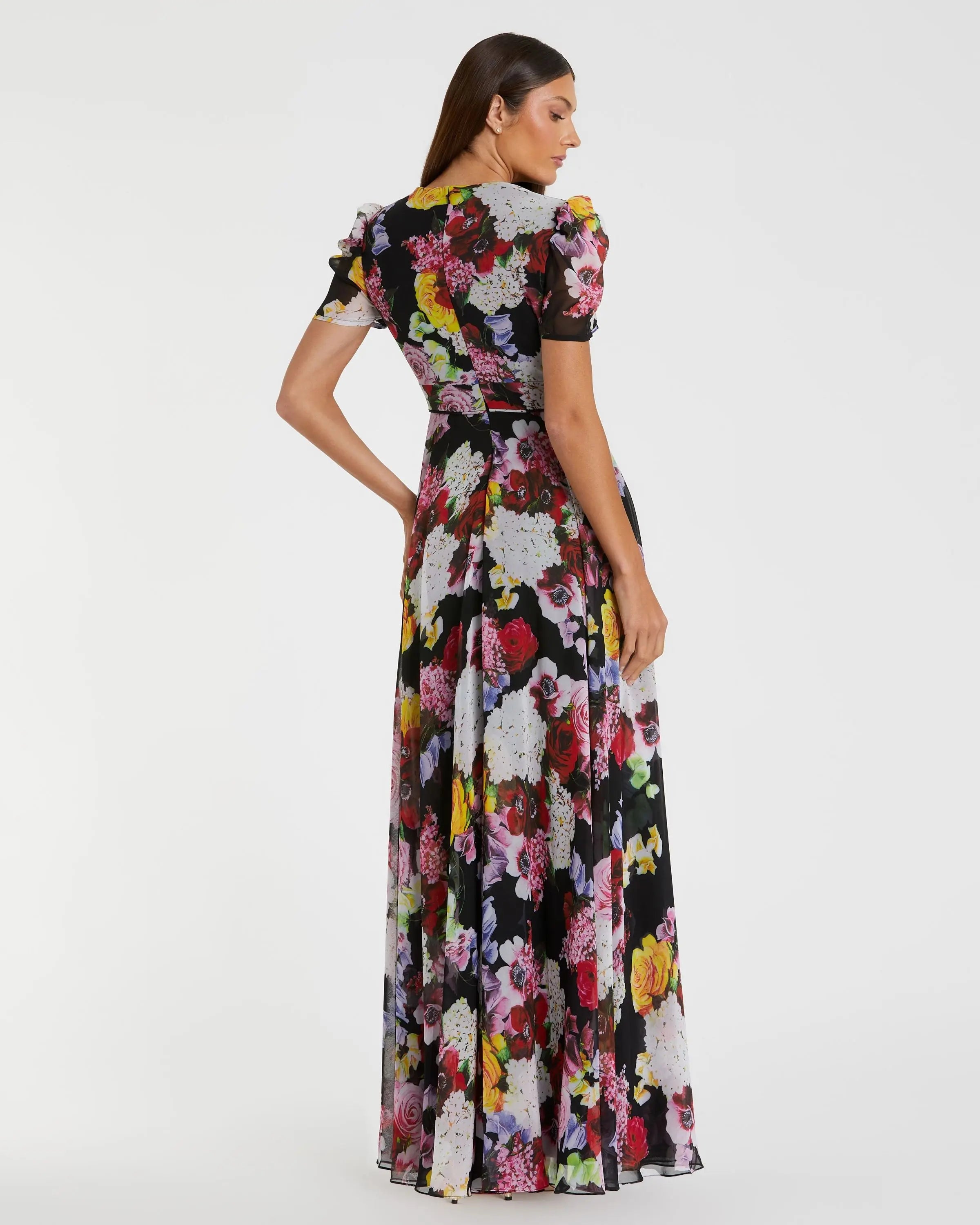 Black Floral Print Mesh Cap Sleeve Gown - Ieena for Mac Duggal