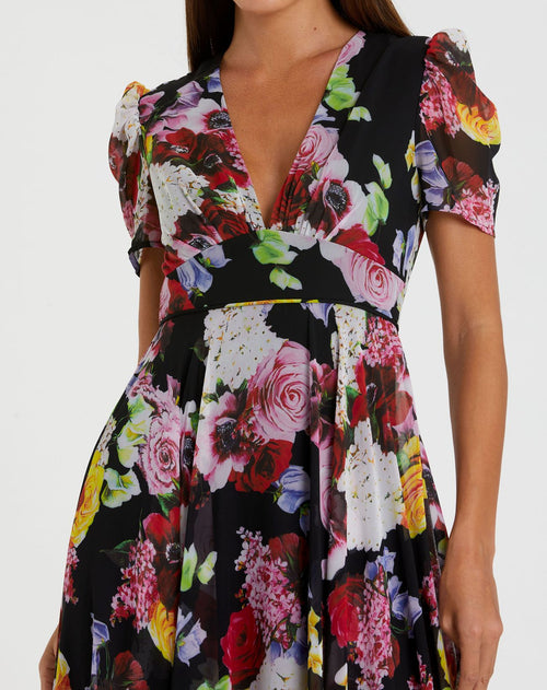 Floral Print Mesh Cap Sleeve Gown