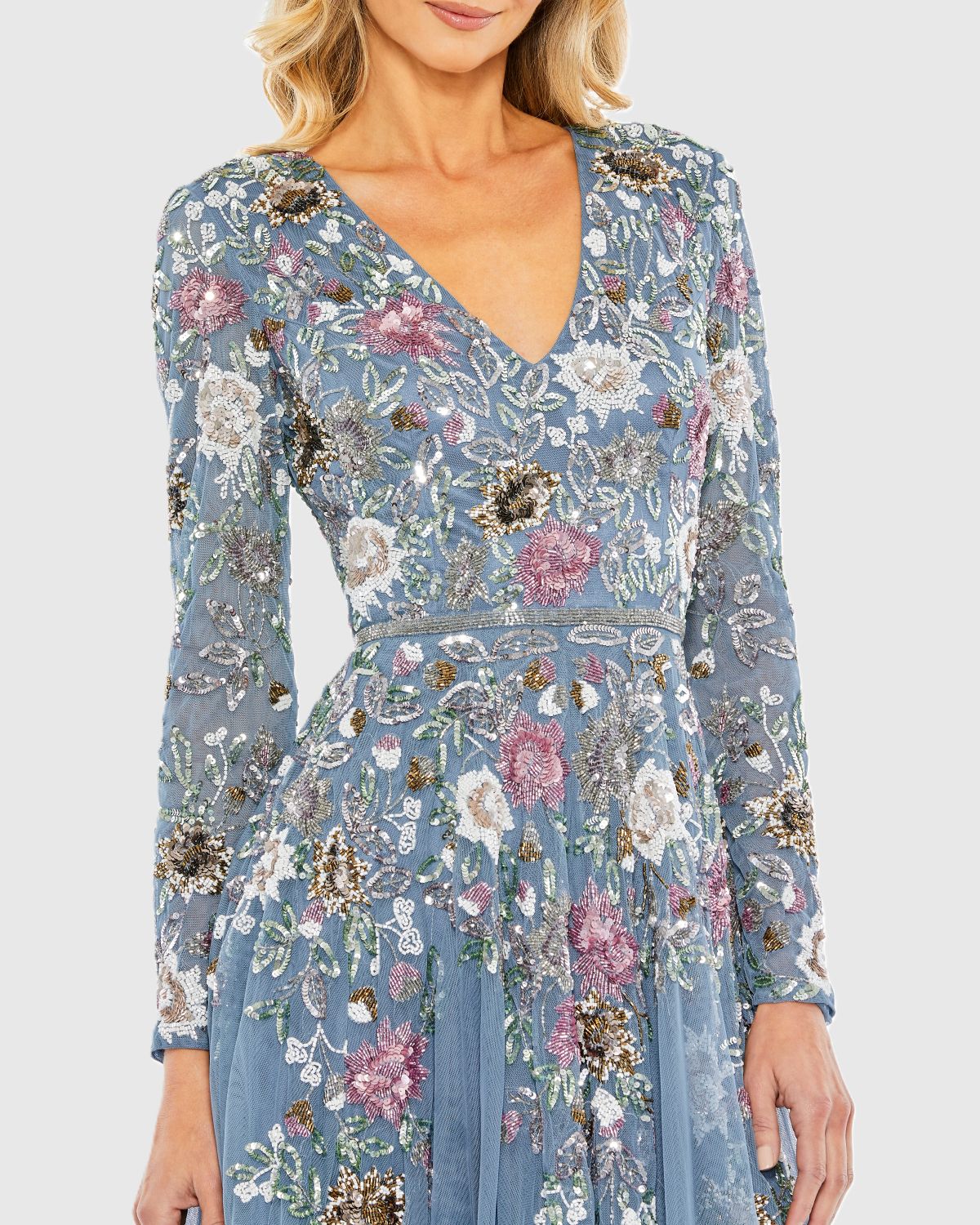 Blue Hand Embellished Floral V Neck Long Sleeve Dress Mac Duggal