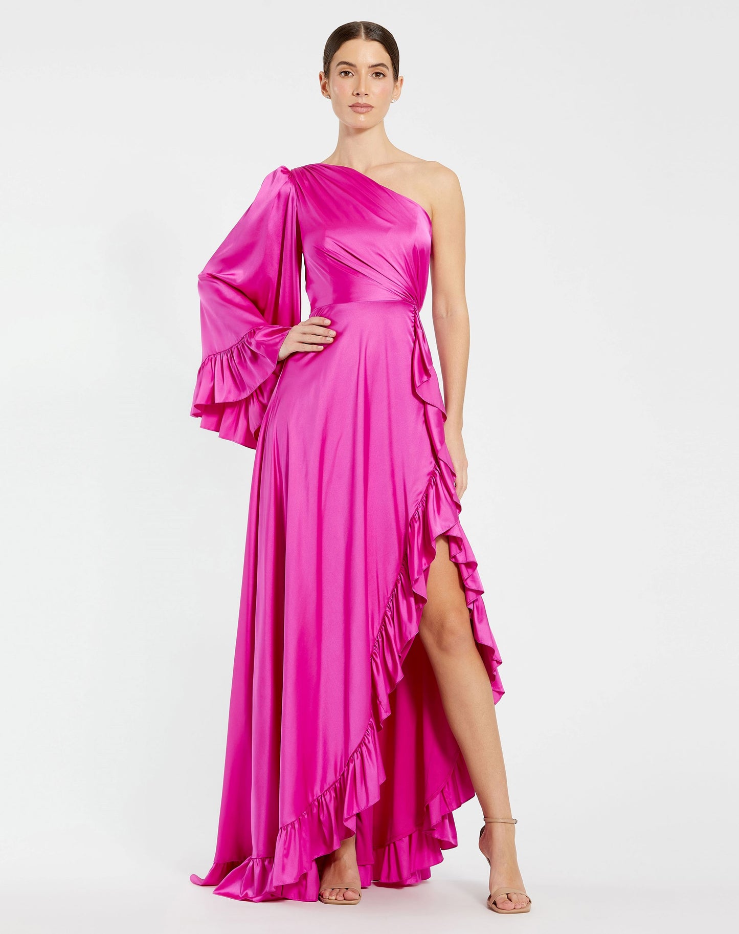 Long One Sleeve Asymmetrical Ruffle Hem Gown