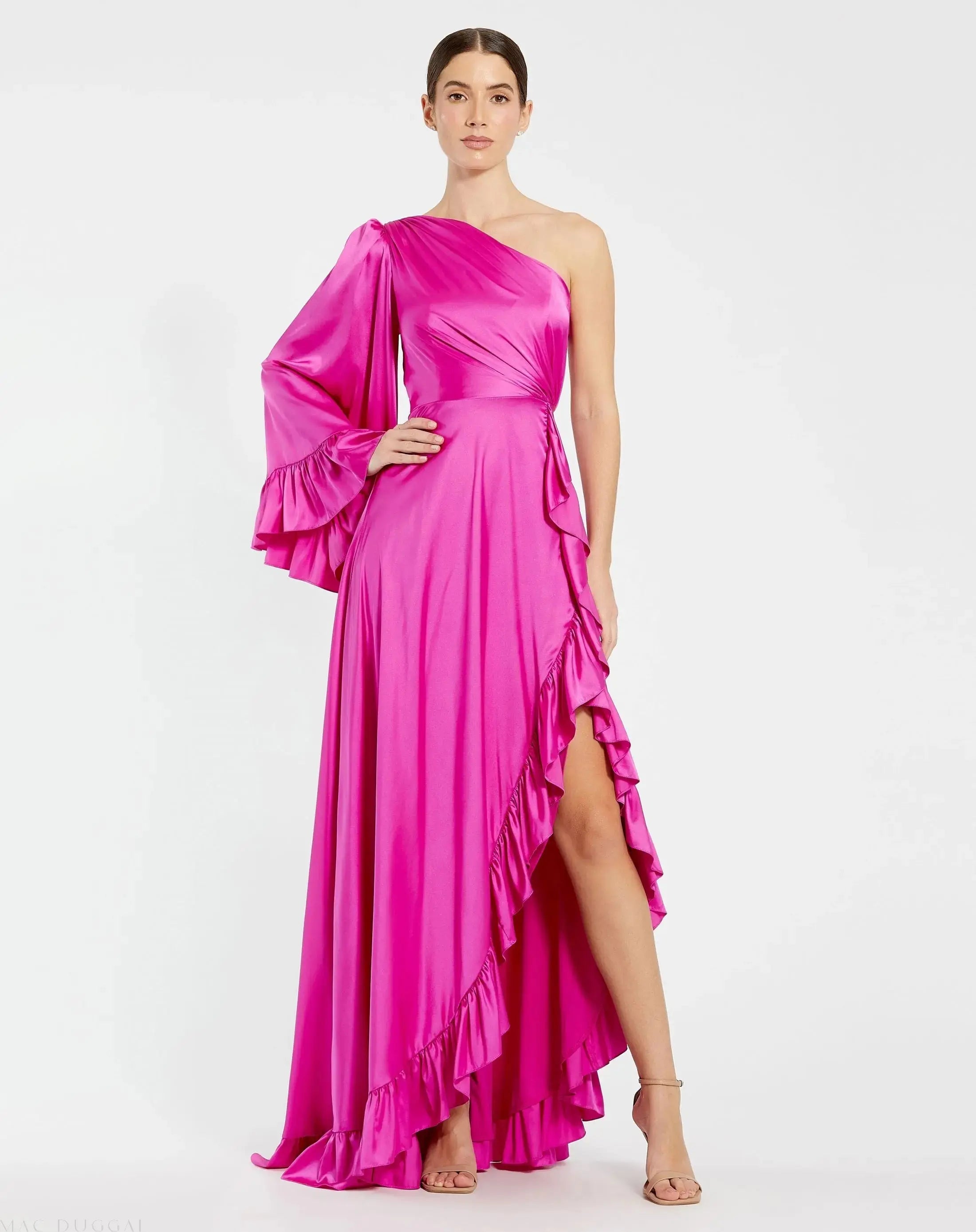 Pink Long One Sleeve Asymmetrical Ruffle Hem Gown - Mac Duggal