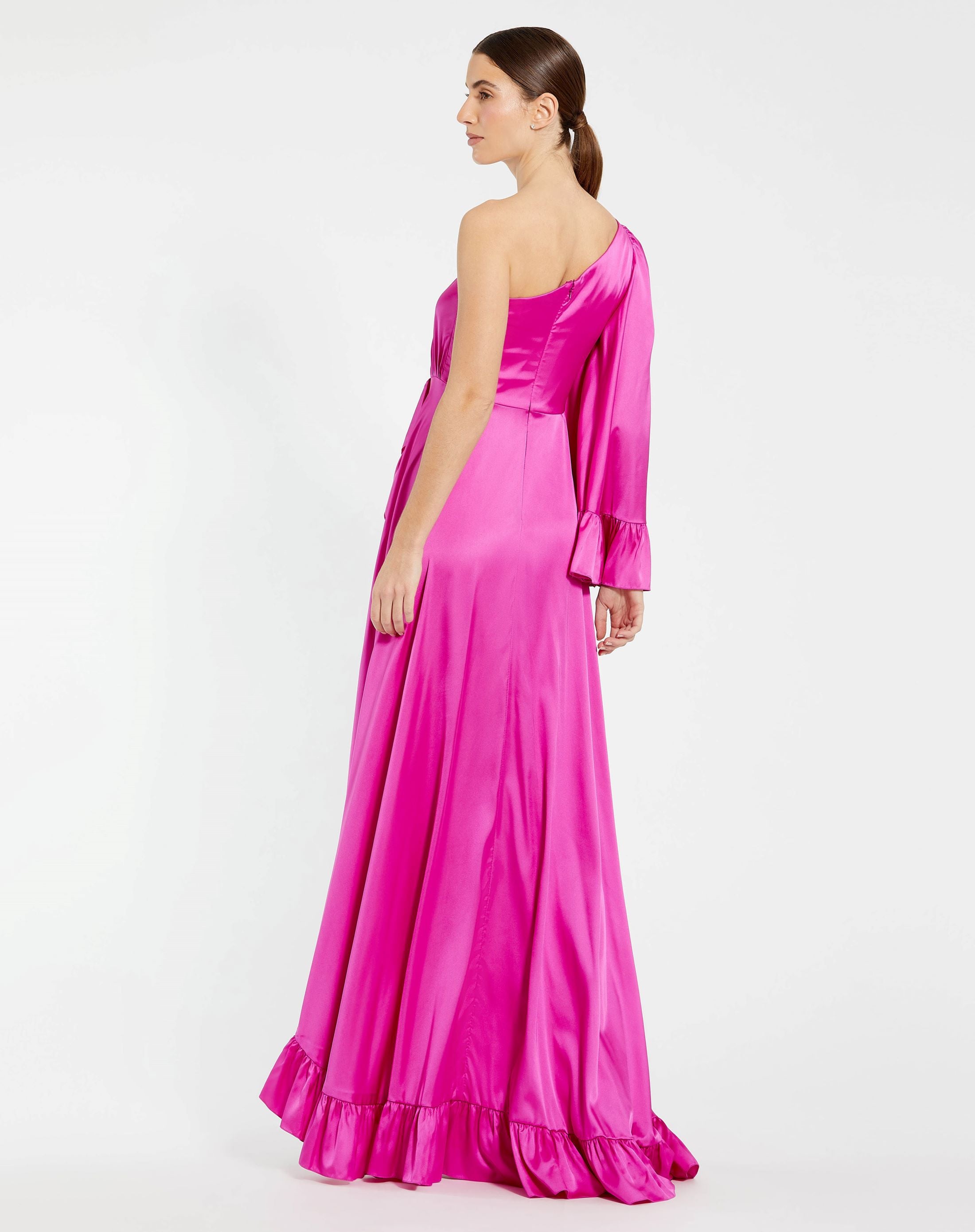 Long One Sleeve Asymmetrical Ruffle Hem Gown