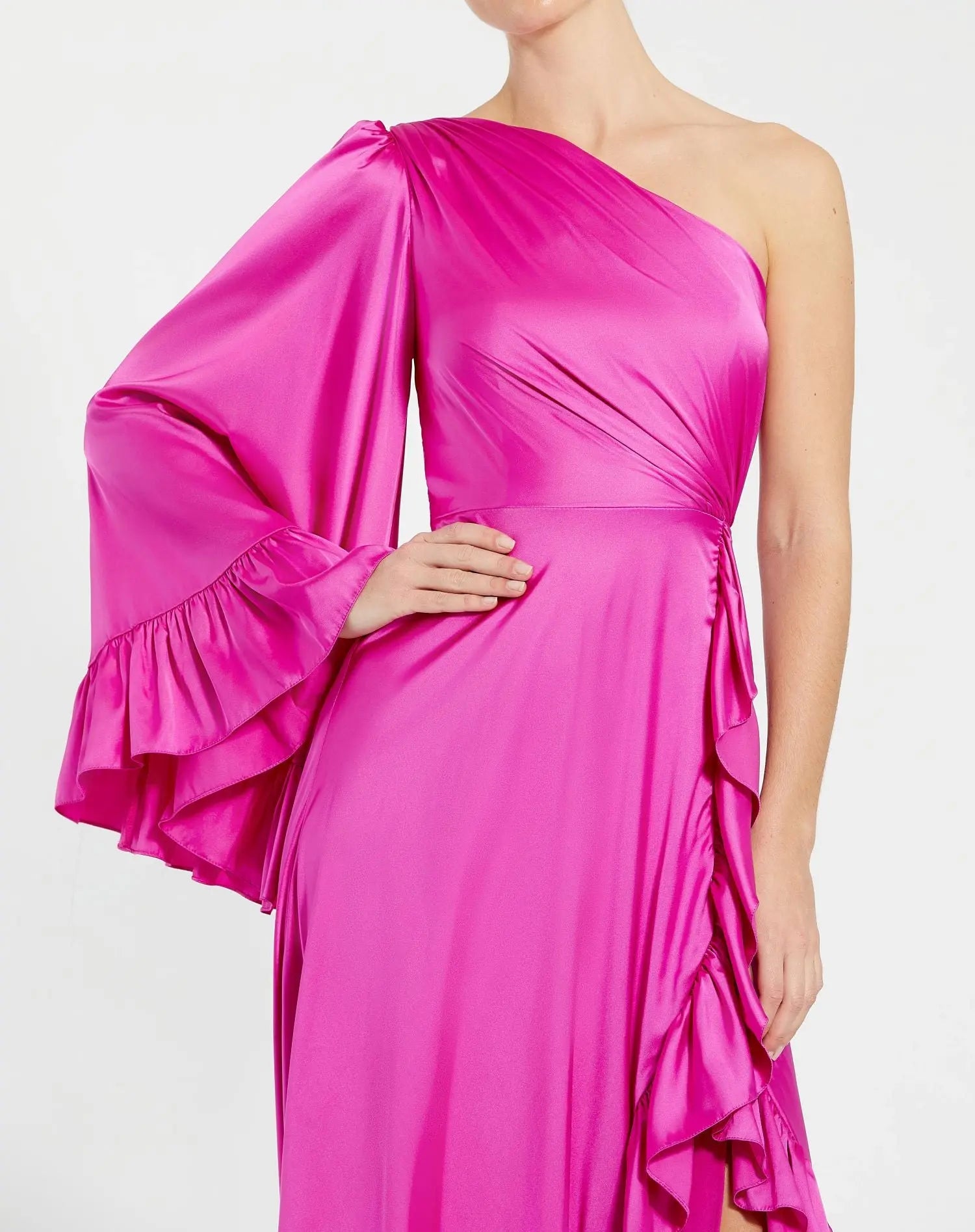 Pink Long One Sleeve Asymmetrical Ruffle Hem Gown - Mac Duggal