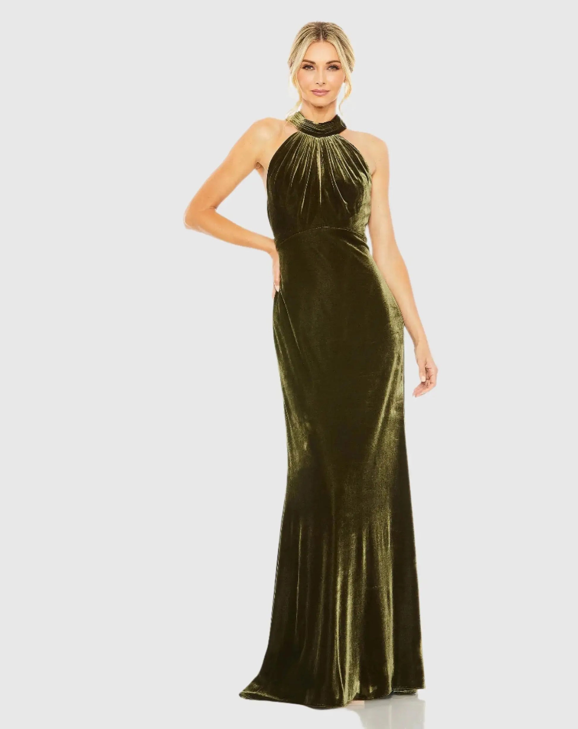 Dark Green Velvet Halter Column Gown Ieena for Mac Duggal