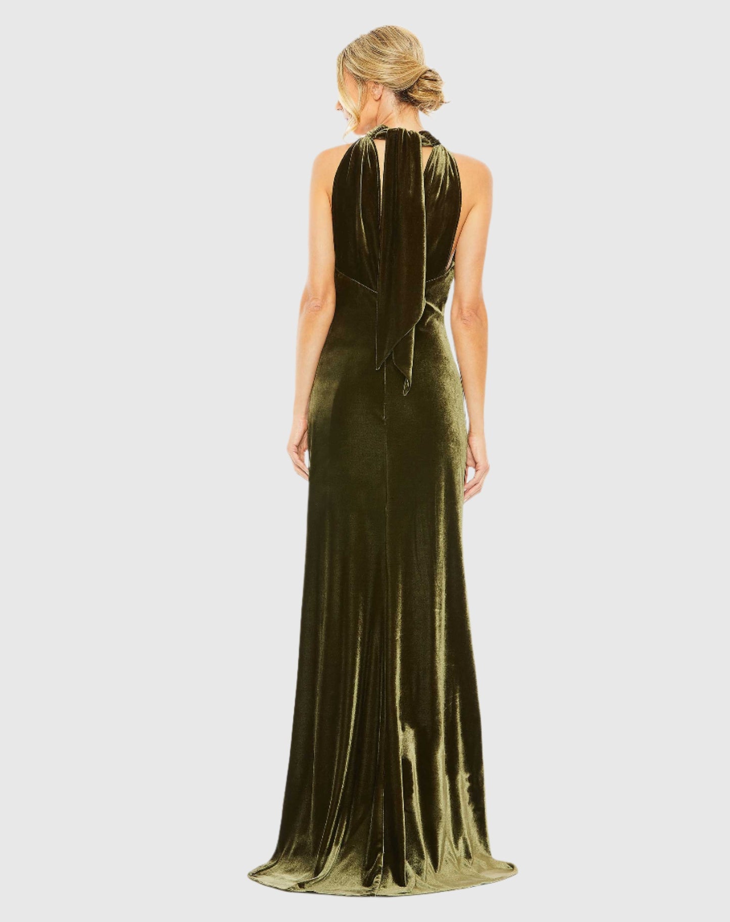 Halter Tie Front Slit Velvet Column Gown