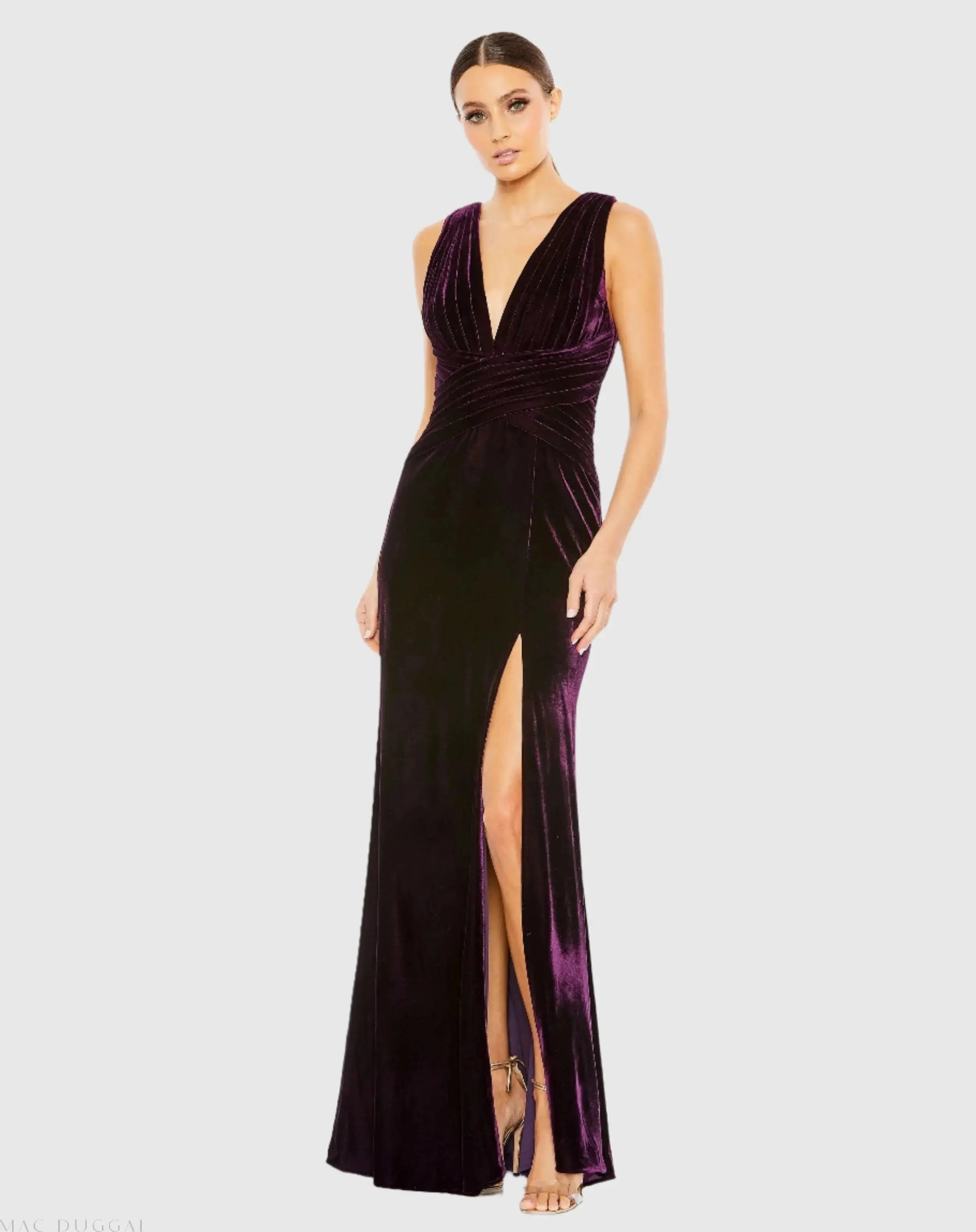 Purple Velvet Pleated Sleeveless Plunge Neckline Gown - Ieena for Mac Duggal
