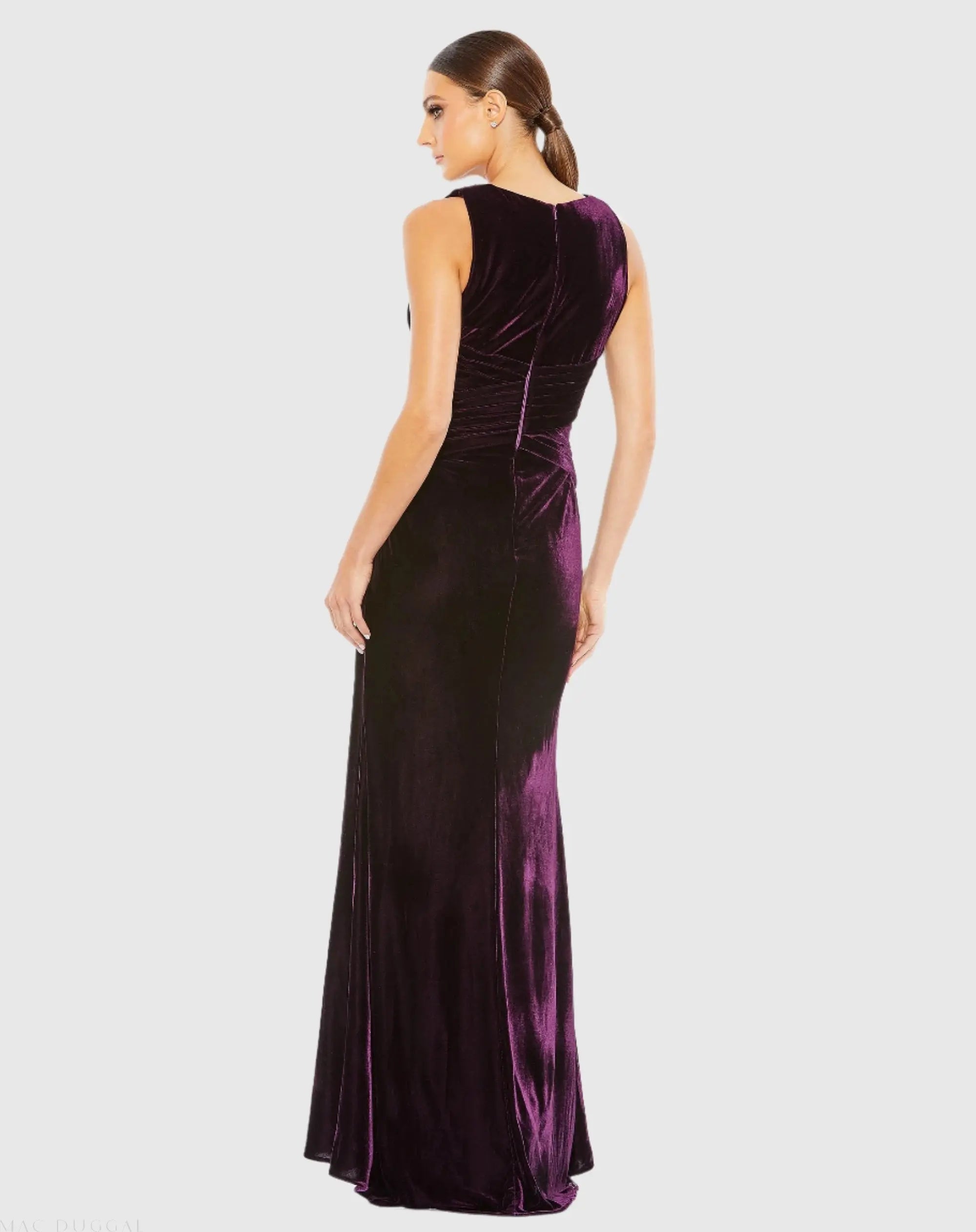 Purple Velvet Pleated Sleeveless Plunge Neckline Gown - Ieena for Mac Duggal