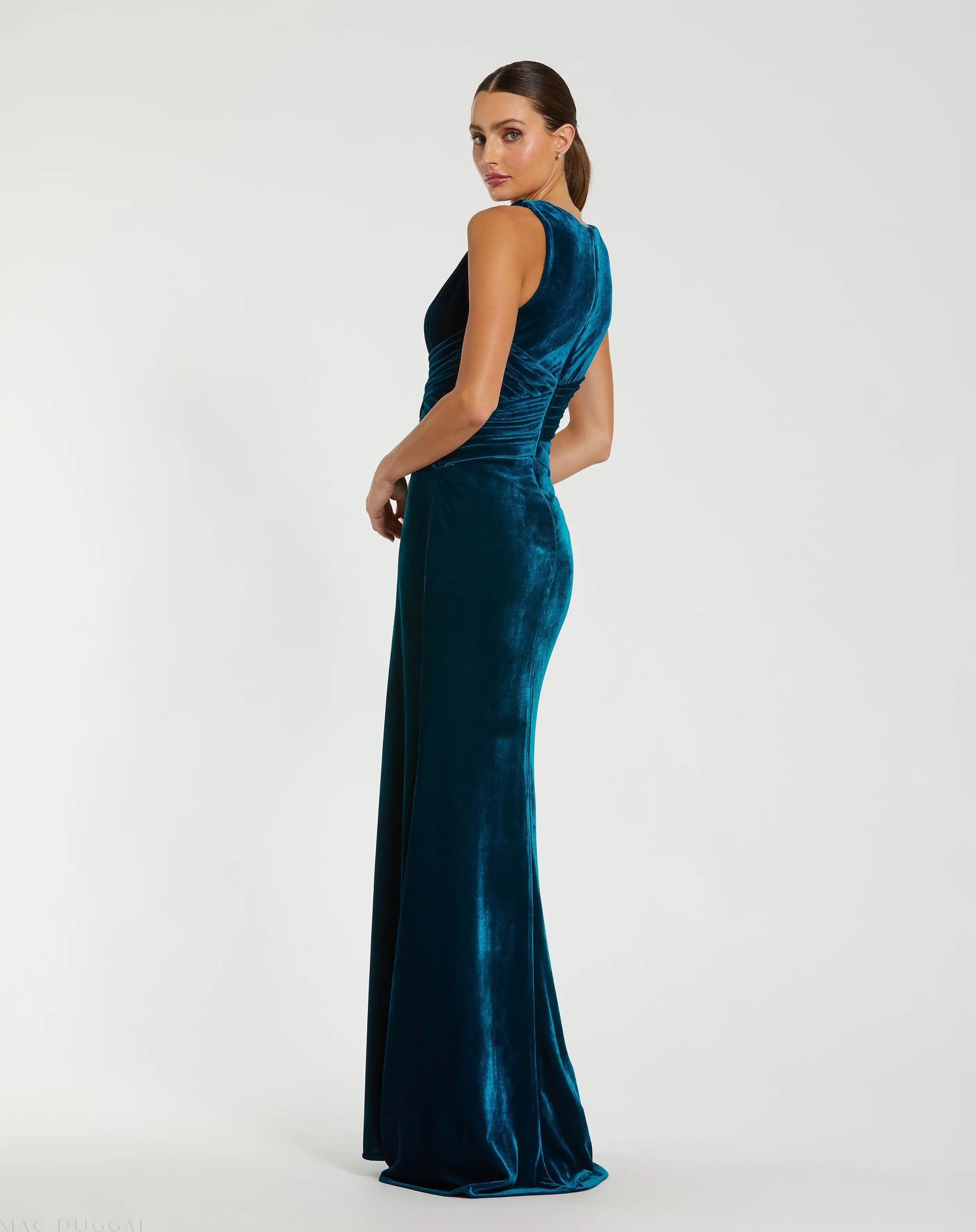 Blue Velvet Pleated Sleeveless Plunge Neckline Gown - Ieena for Mac Duggal