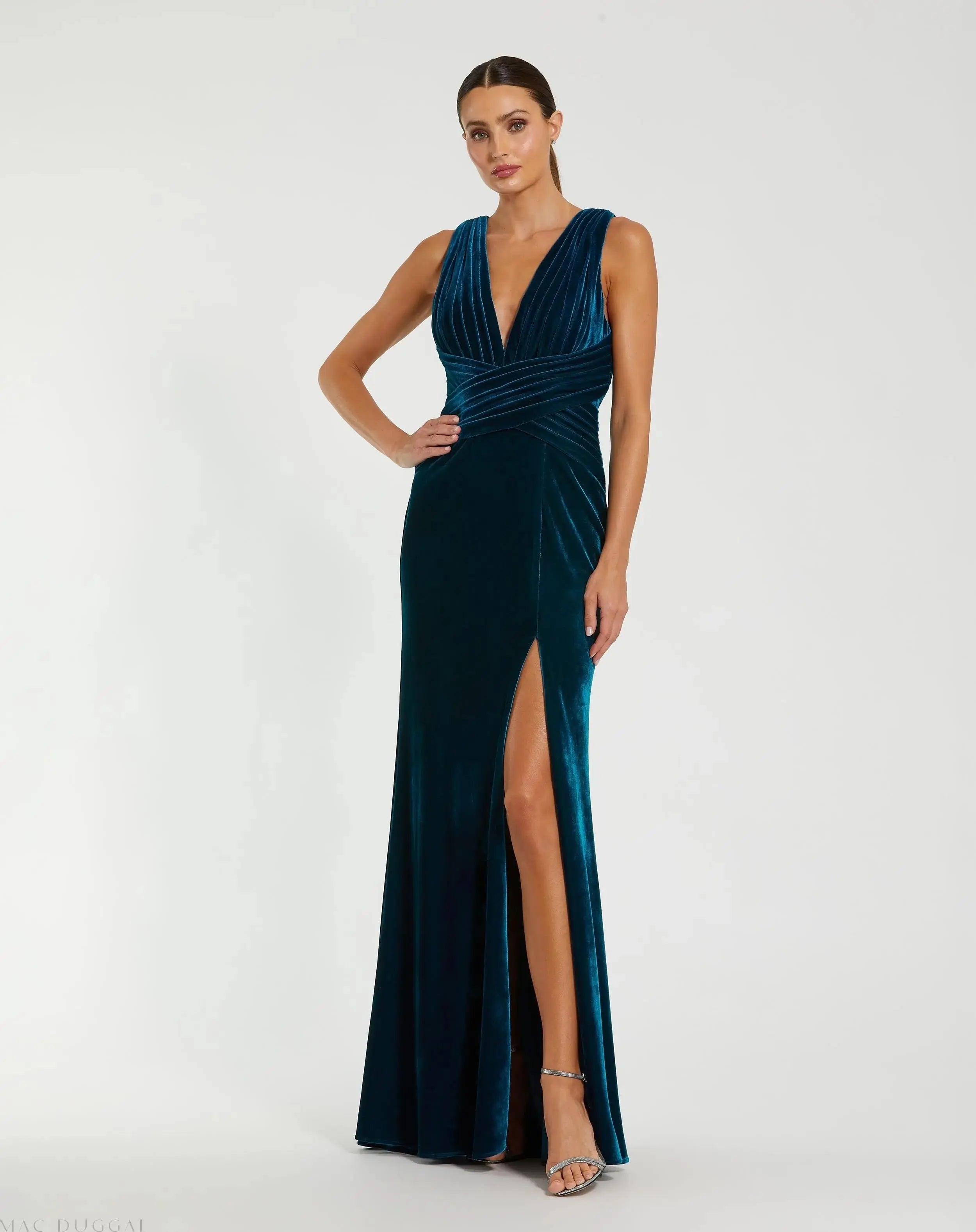 Blue Velvet Pleated Sleeveless Plunge Neckline Gown - Ieena for Mac Duggal