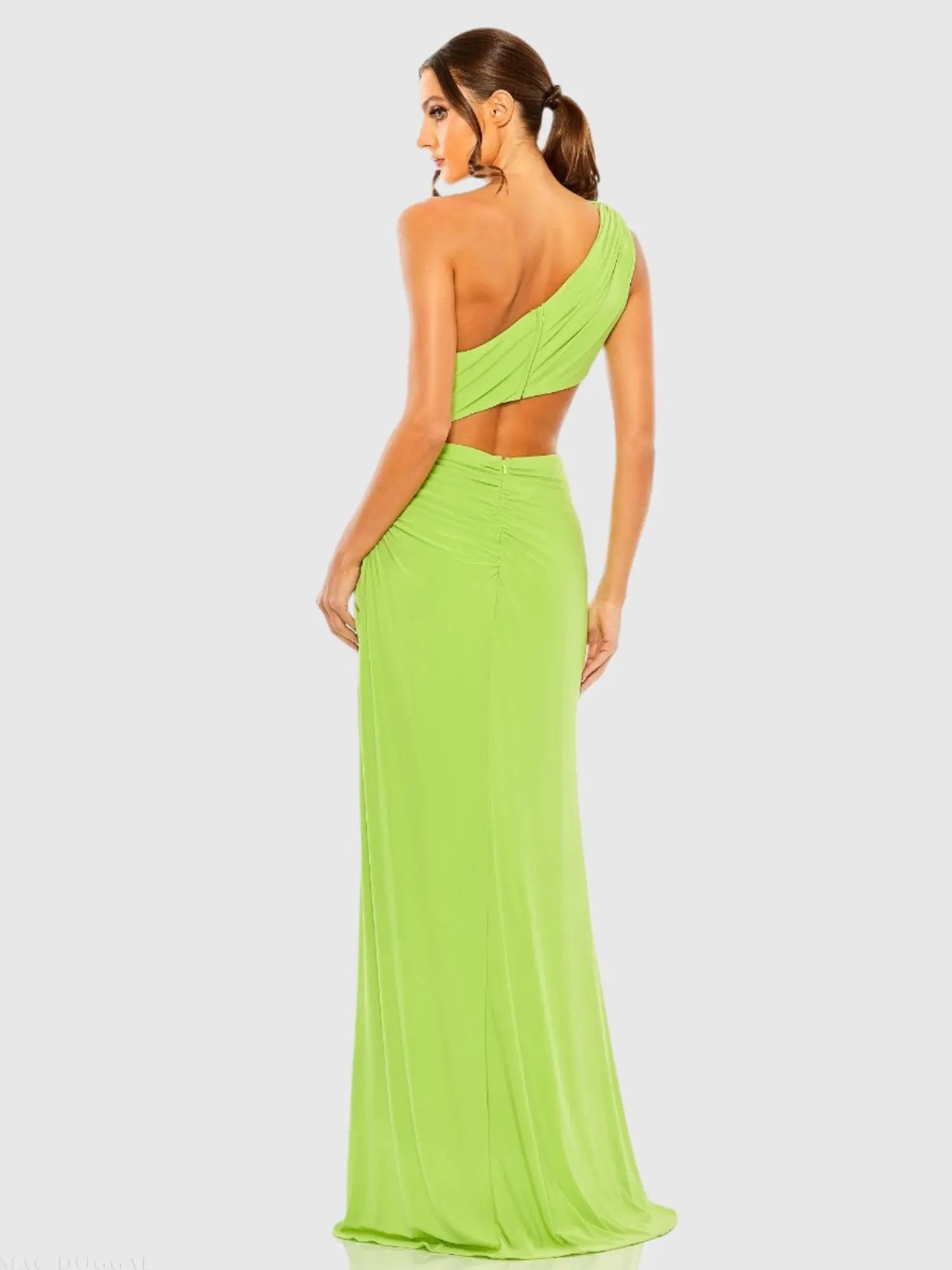 Green Cut Out One Shoulder Ruched Back Gown - Mac Duggal
