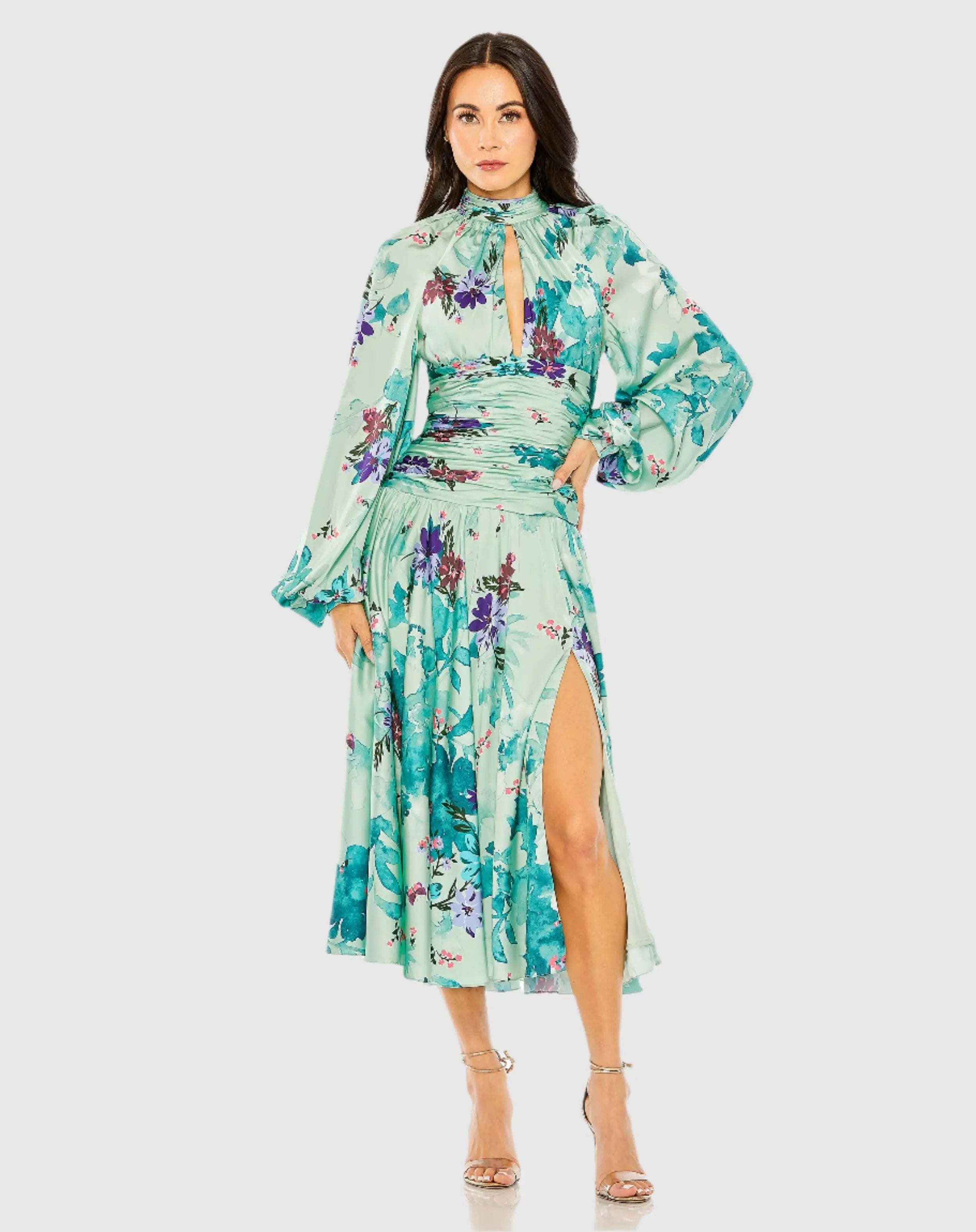 Green Keyhole Satin Long Sleeve Floral Dress - Ieena for Mac Duggal