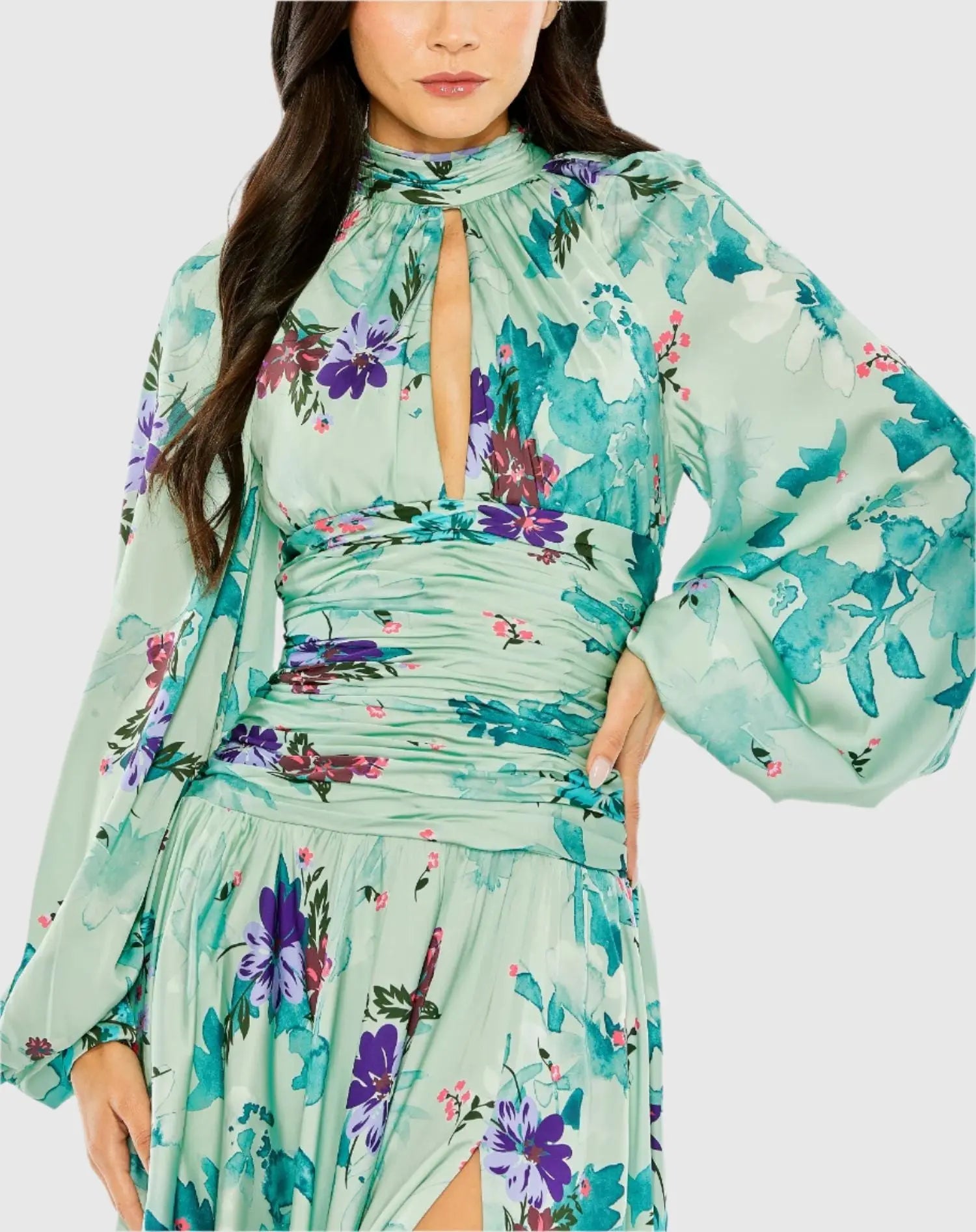 Green Keyhole Satin Long Sleeve Floral Dress - Ieena for Mac Duggal