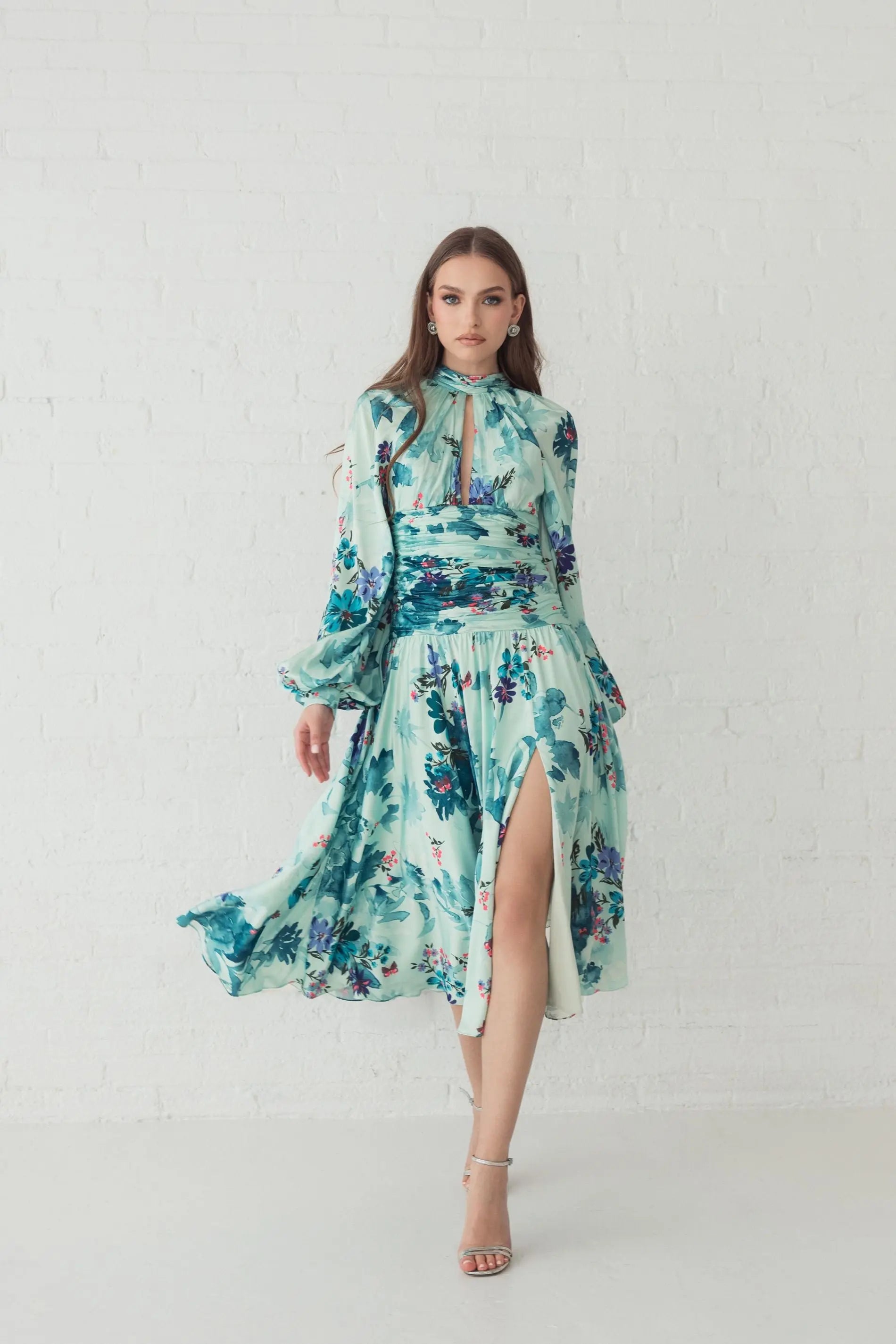 Green Keyhole Satin Long Sleeve Floral Dress - Mac Duggal Green Keyhole Satin Long Sleeve Floral Dress - Mac Duggal