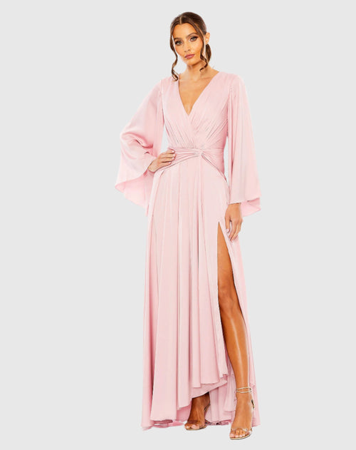 Long Sleeve V Neck High Slit Gown