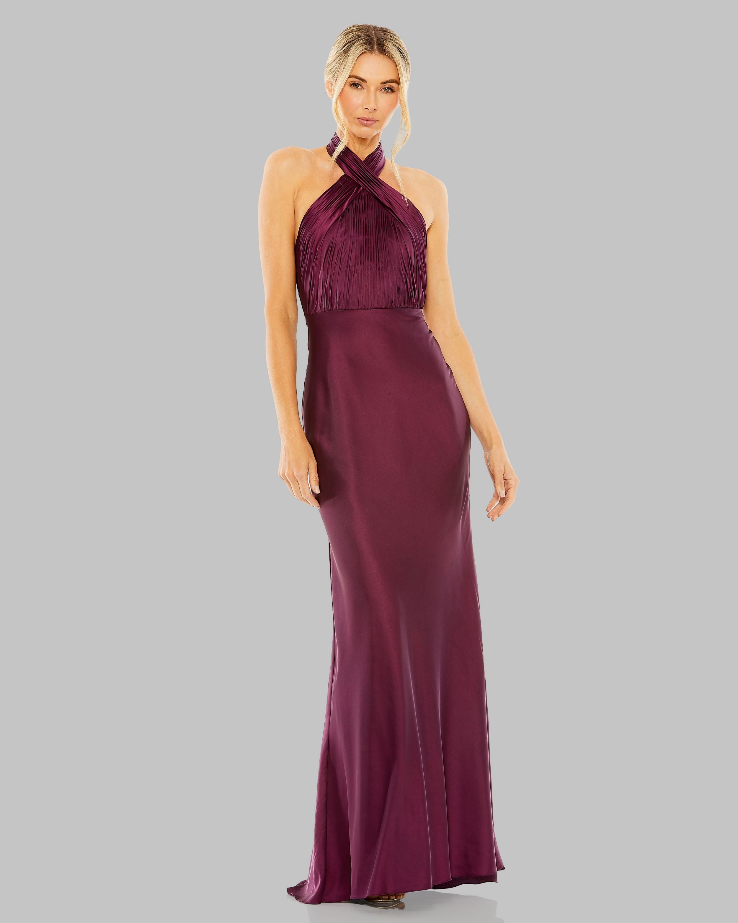 Purple Pleated Halter Neck Satin Gown Ieena for Mac Duggal
