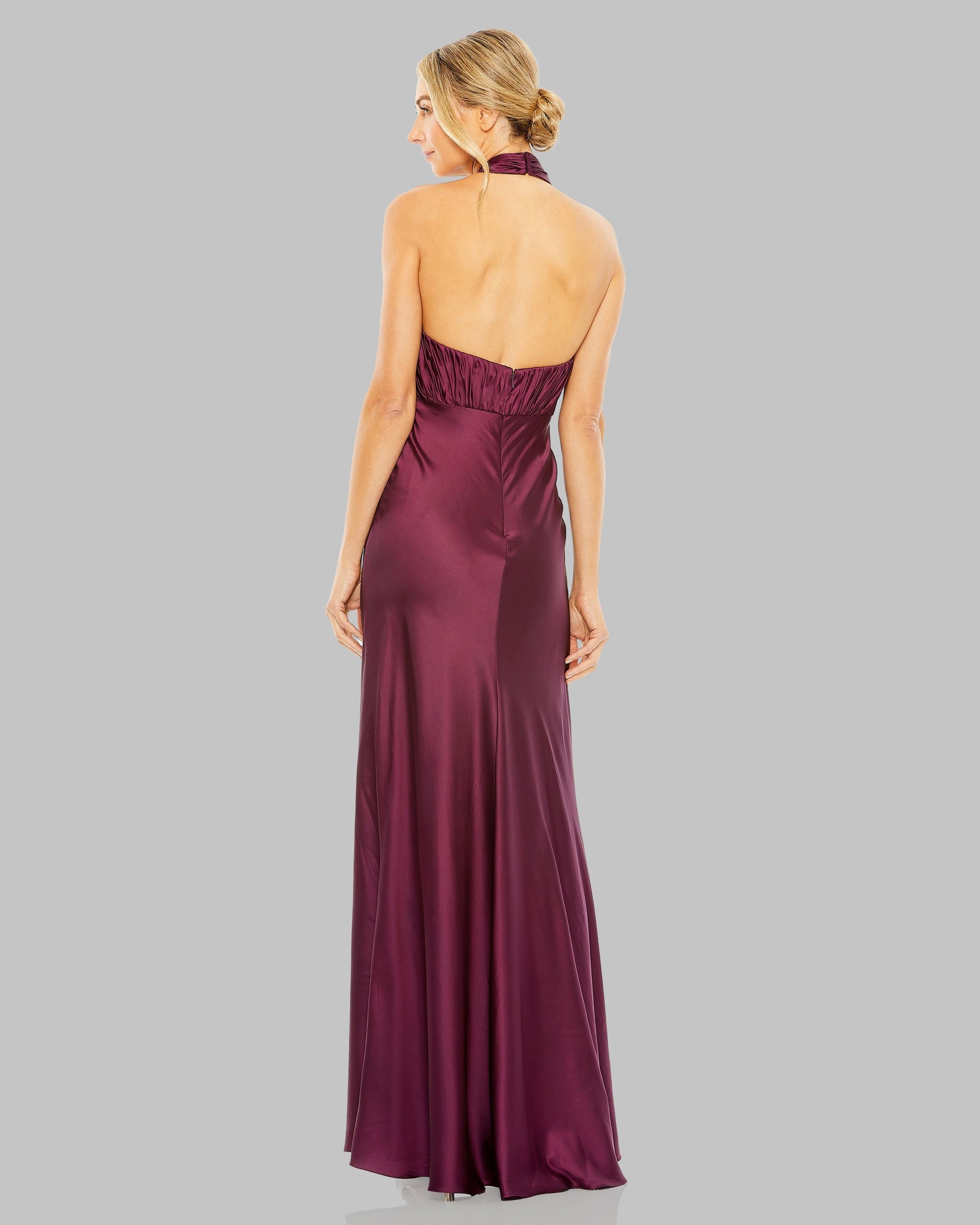 Purple Pleated Halter Neck Satin Gown Ieena for Mac Duggal