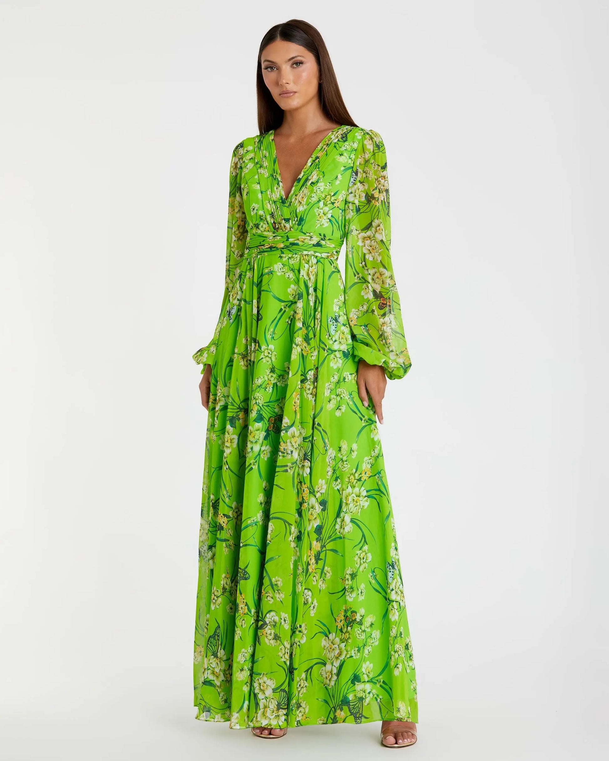 Green Puff Sleeve Floral Chiffon Gown | Mac Duggal Green Puff Sleeve Floral Chiffon Gown | Mac Duggal
