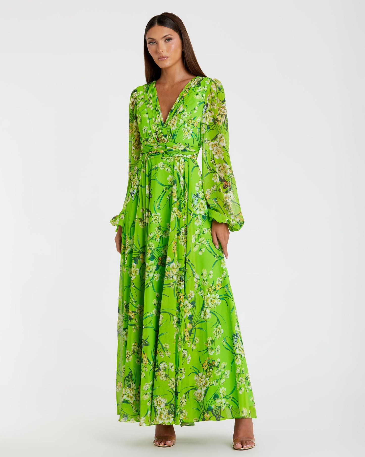 Puff Sleeve Floral Chiffon Gown