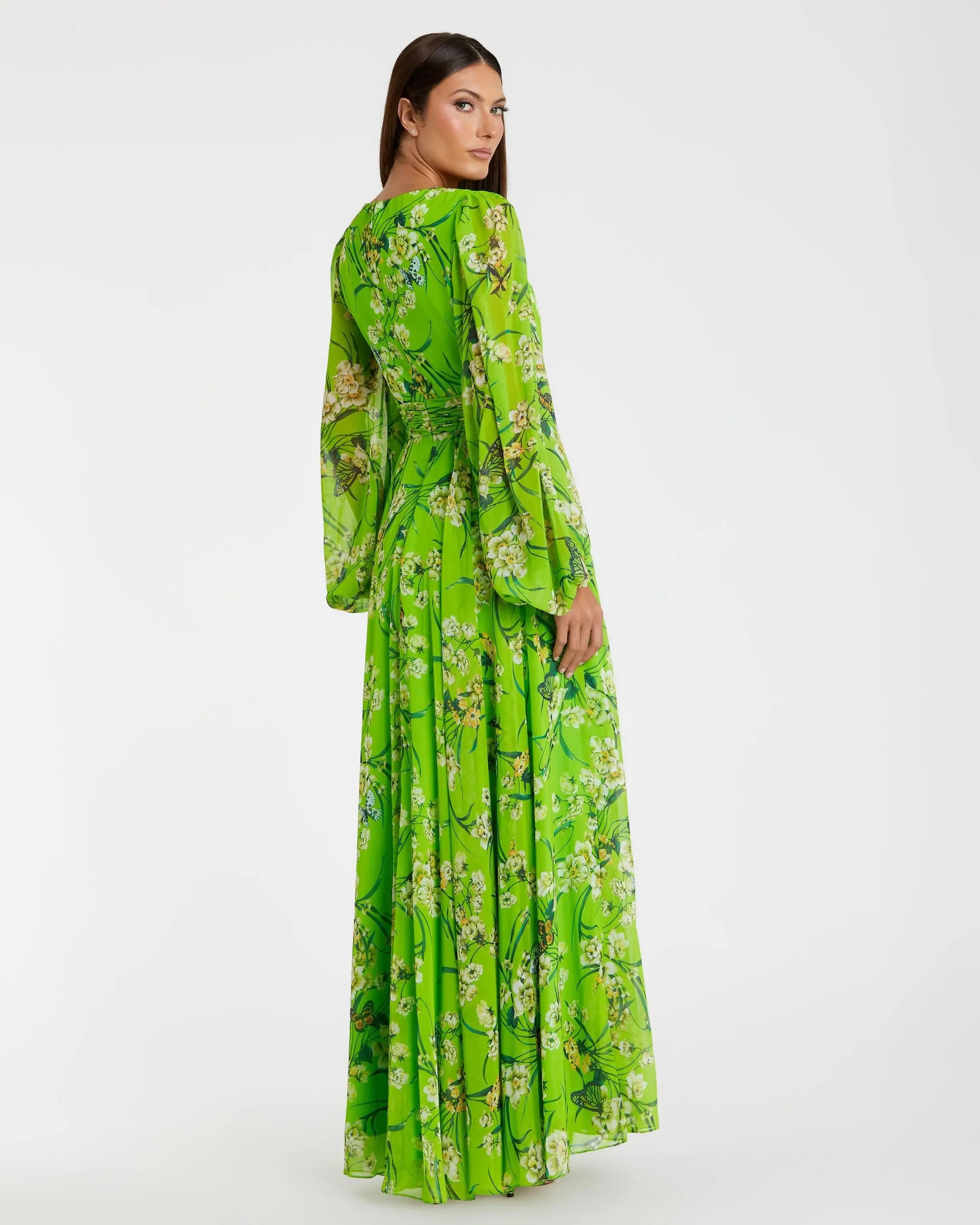 Ieena for Mac Duggal - Green Puff Sleeve Floral Chiffon Gown - Green Multi / US 14 Ieena for Mac Duggal - Green Puff Sleeve Floral Chiffon Gown - Green Multi / US 14