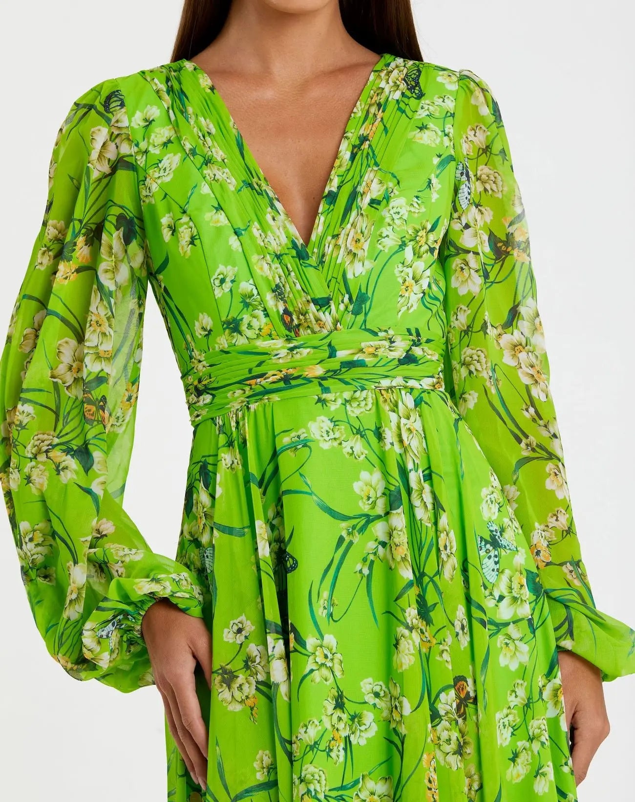 Green Puff Sleeve Floral Chiffon Gown | Mac Duggal Green Puff Sleeve Floral Chiffon Gown | Mac Duggal