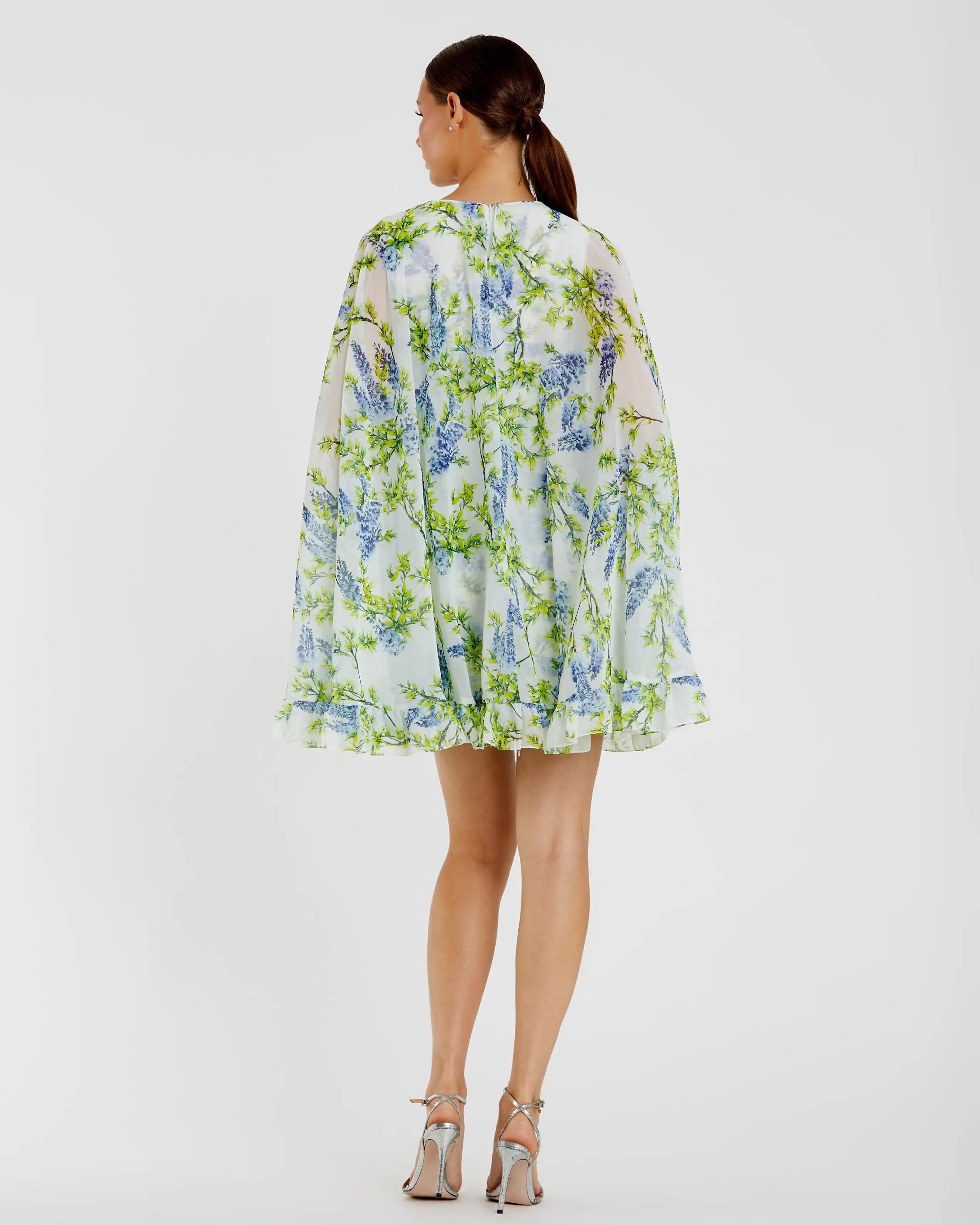 Floral Print High Neck Ruffle Hem Cape Mini Dress - Mac Duggal
