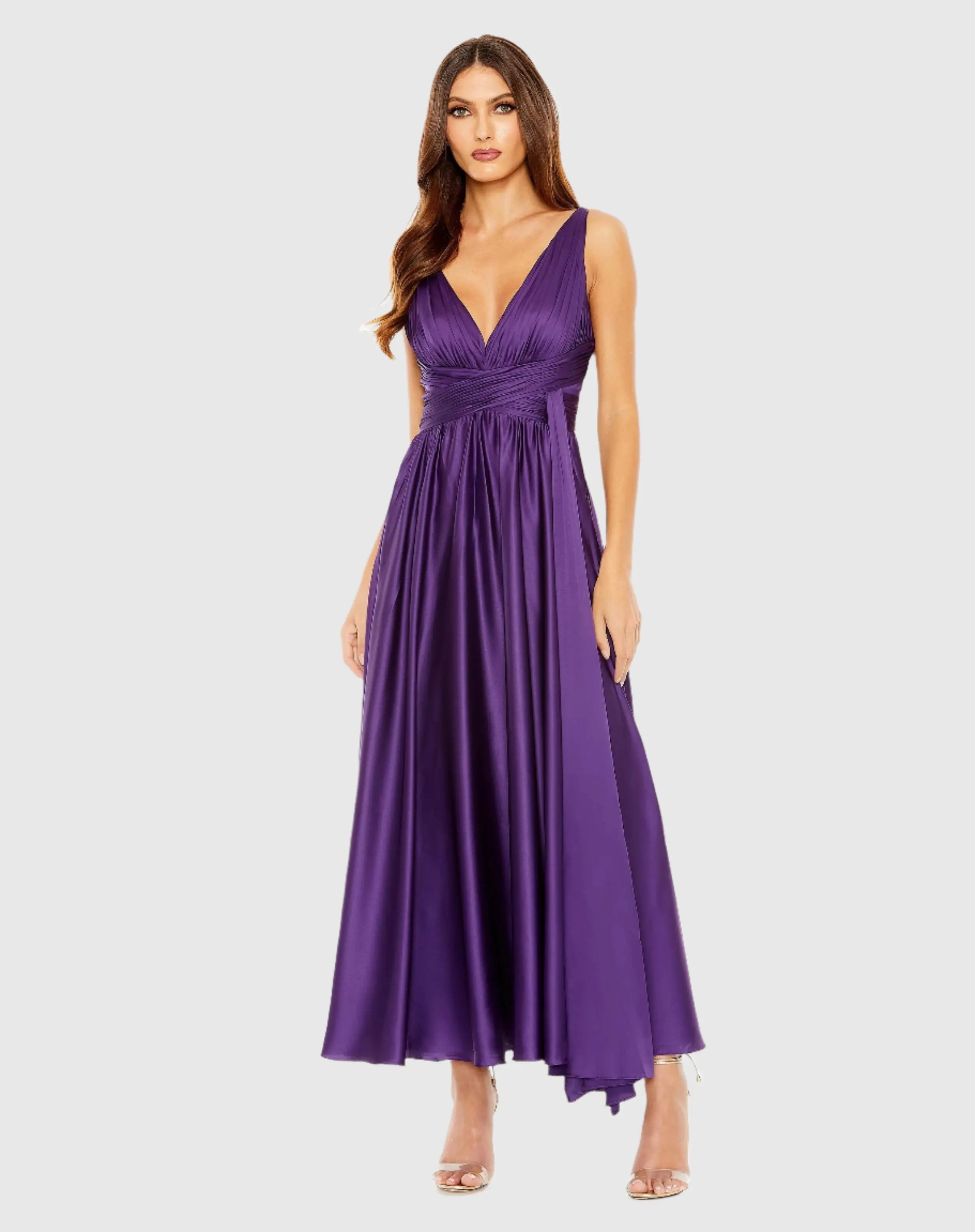 Purple Ruched Top Satin Pleated Tea Length Dress - Mac Duggal