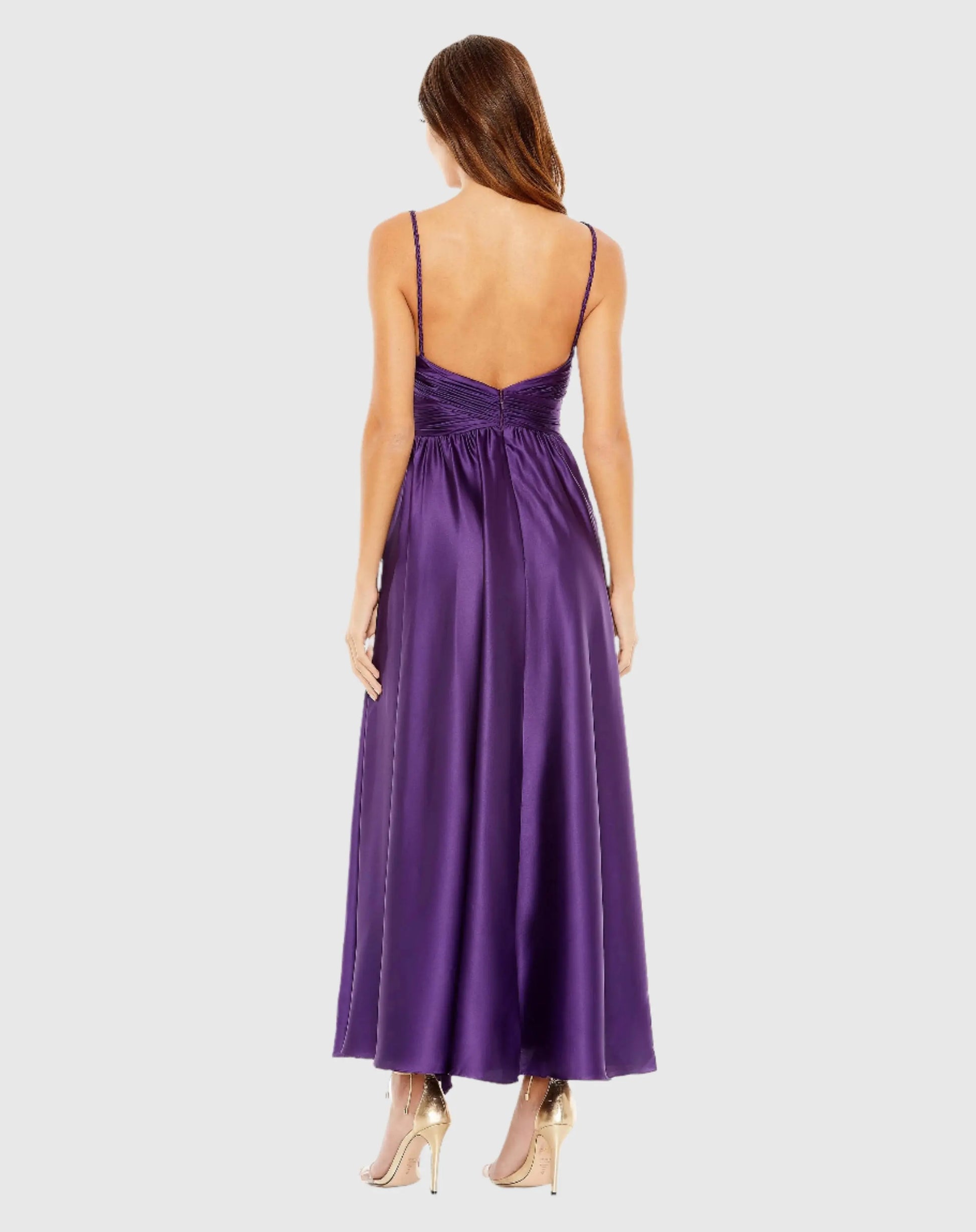 Purple Ruched Top Satin Pleated Tea Length Dress | Mac Duggal Purple Ruched Top Satin Pleated Tea Length Dress | Mac Duggal