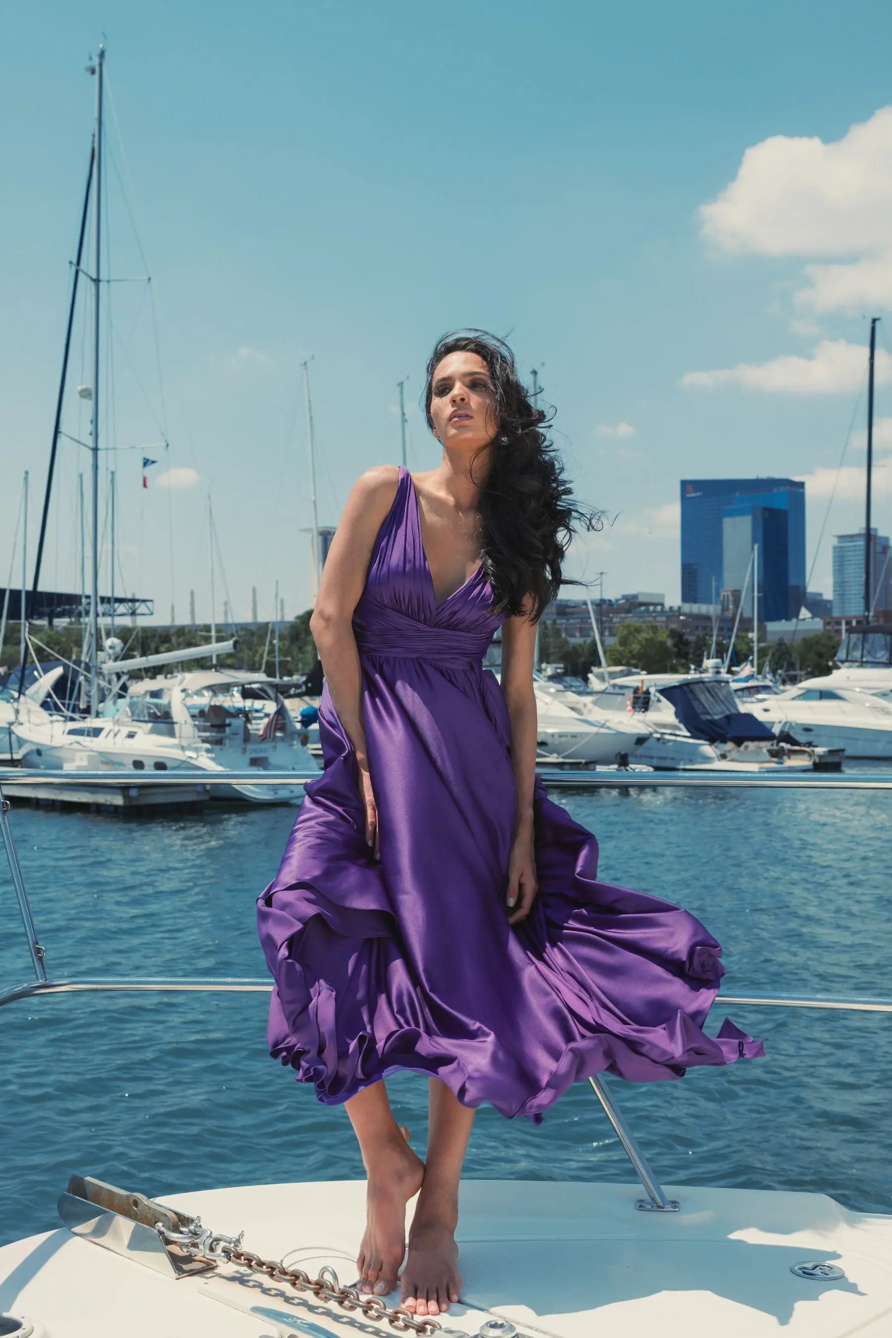 Purple Ruched Top Satin Pleated Tea Length Dress - Mac Duggal