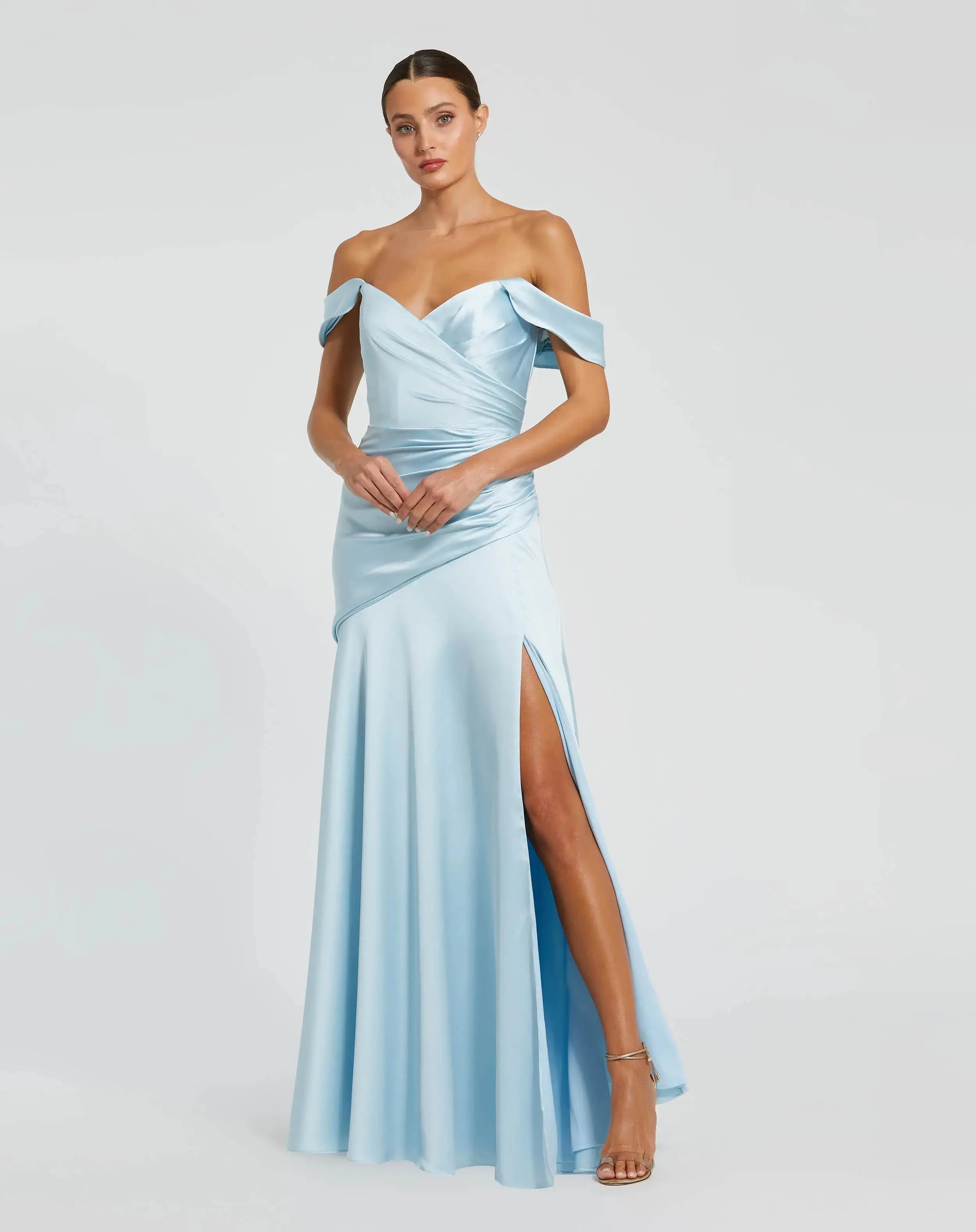 Blue Satin Off The Shoulder Crossover Gown - Ieena for Mac Duggal 
