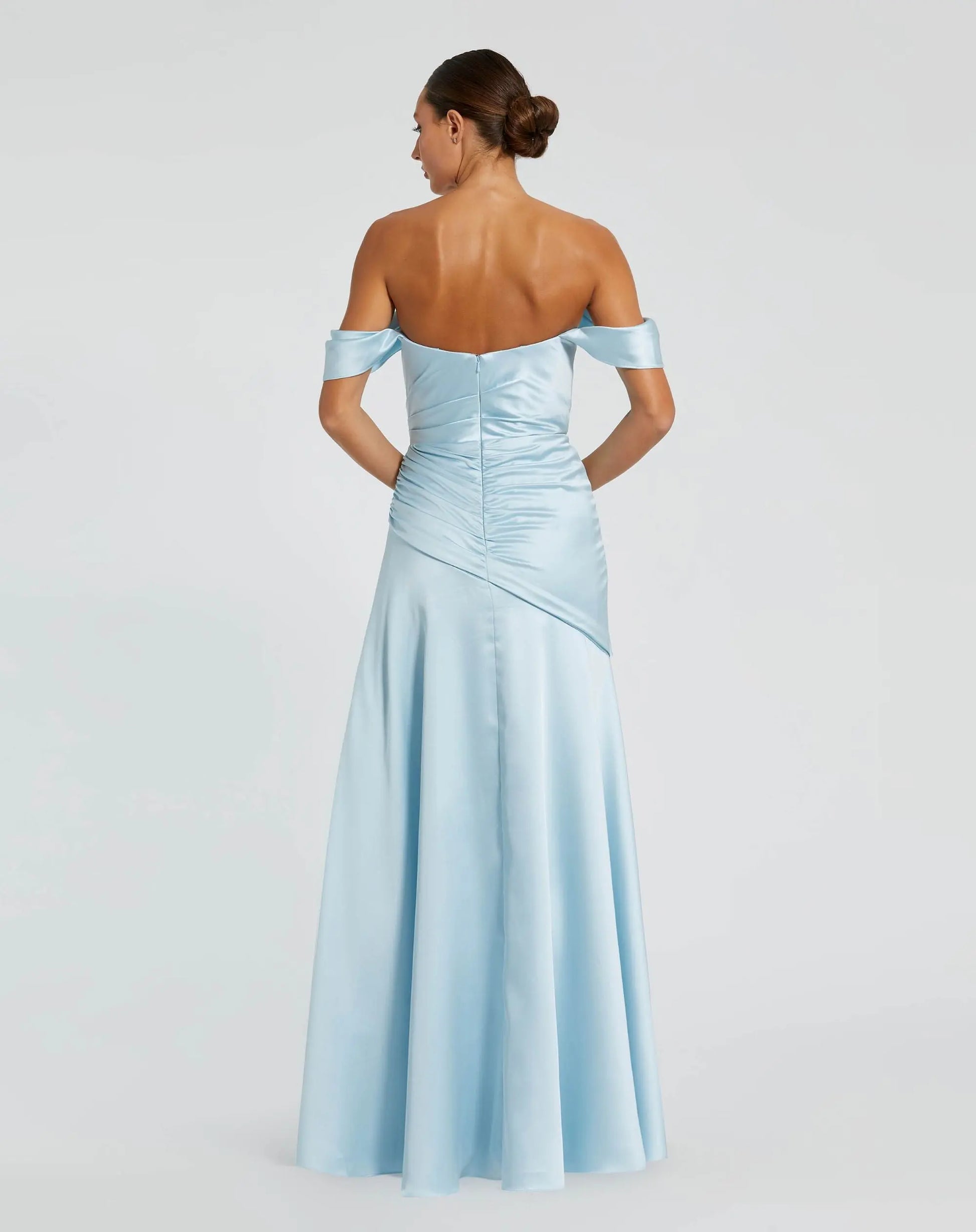 Blue Satin Off The Shoulder Crossover Gown - Mac Duggal Blue Satin Off The Shoulder Crossover Gown - Mac Duggal
