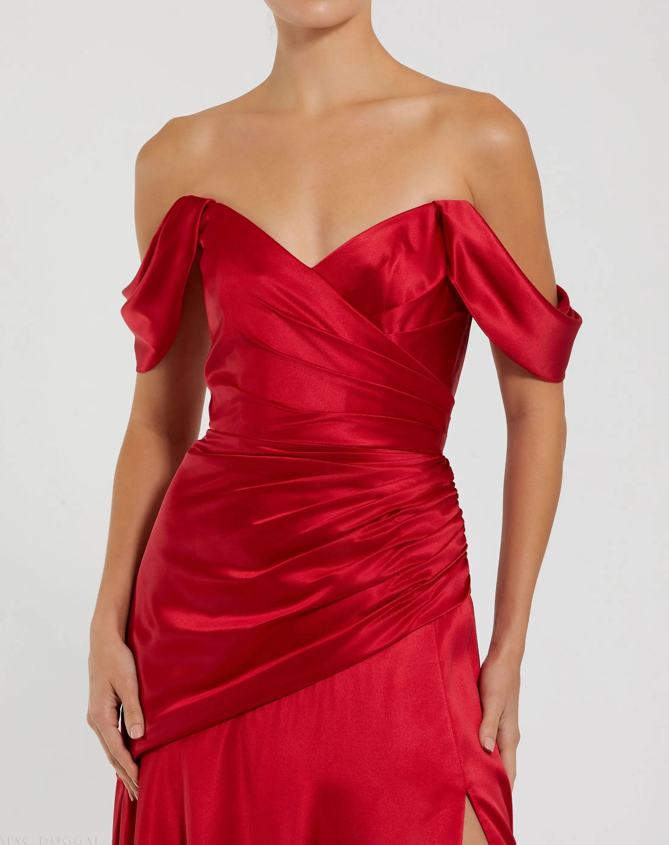 Red Satin Off The Shoulder Crossover Gown - Ieena for Mac Duggal