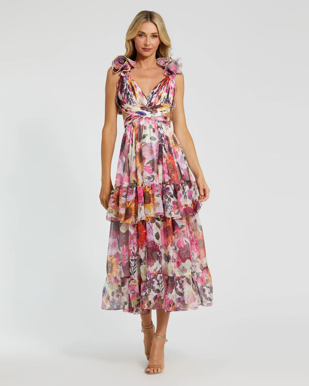 White Floral Chiffon Ruffle Tiered Cut-Out Midi Dress