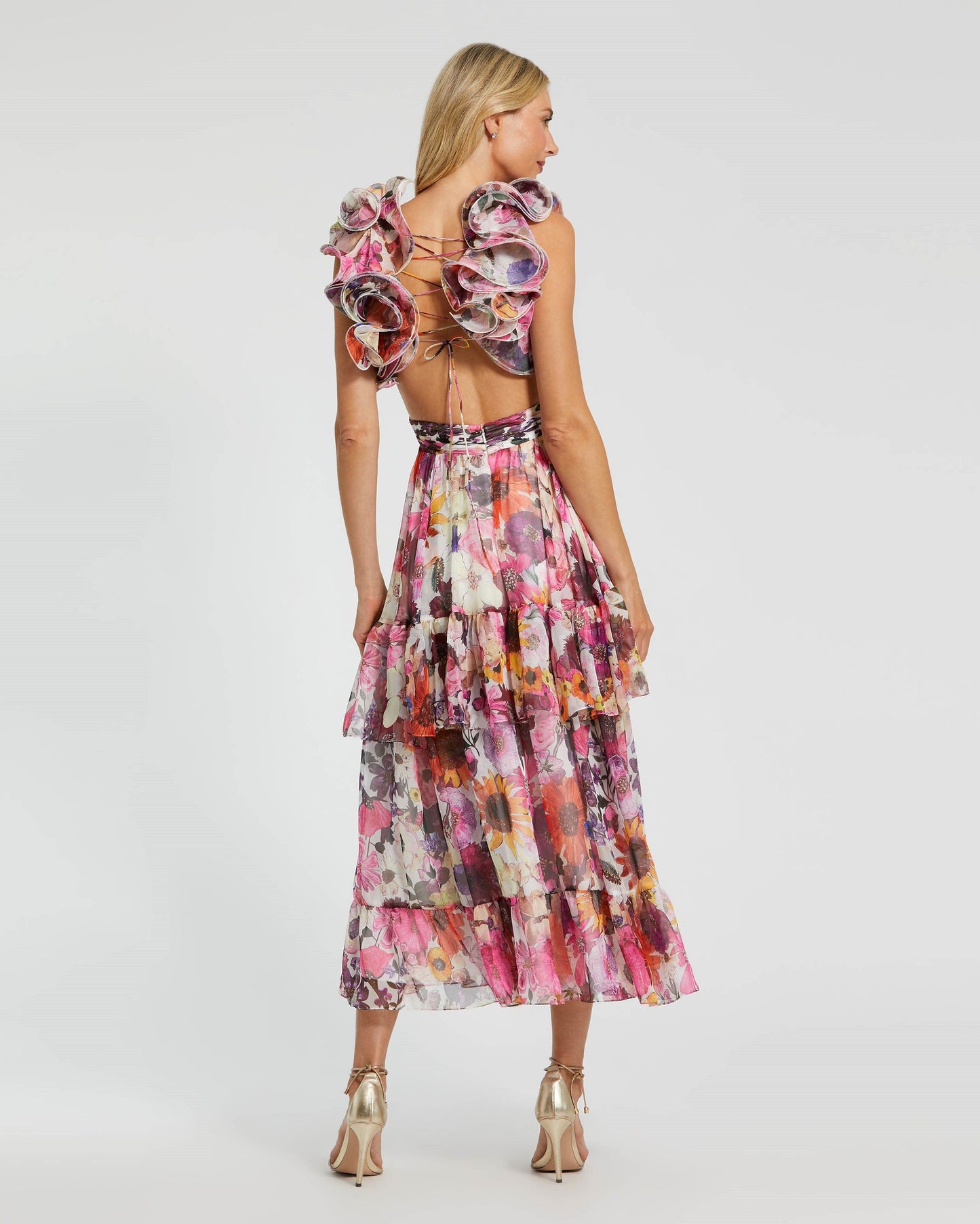 Ruffle Tiered Cut-Out Floral Chiffon Dress