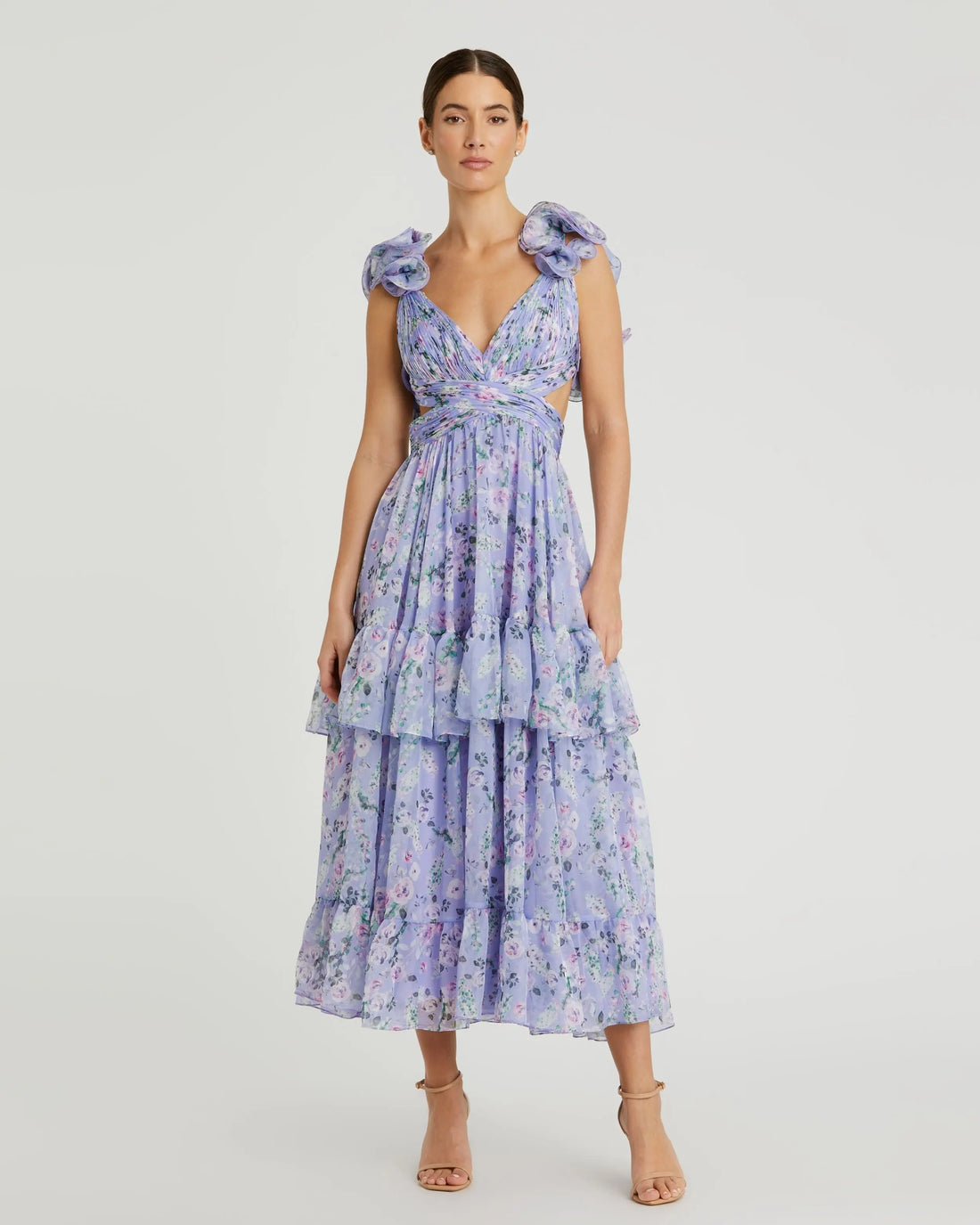 Purple Ruffle Tiered Floral Chiffon Midi Dress | Mac Duggal Purple Ruffle Tiered Floral Chiffon Midi Dress | Mac Duggal
