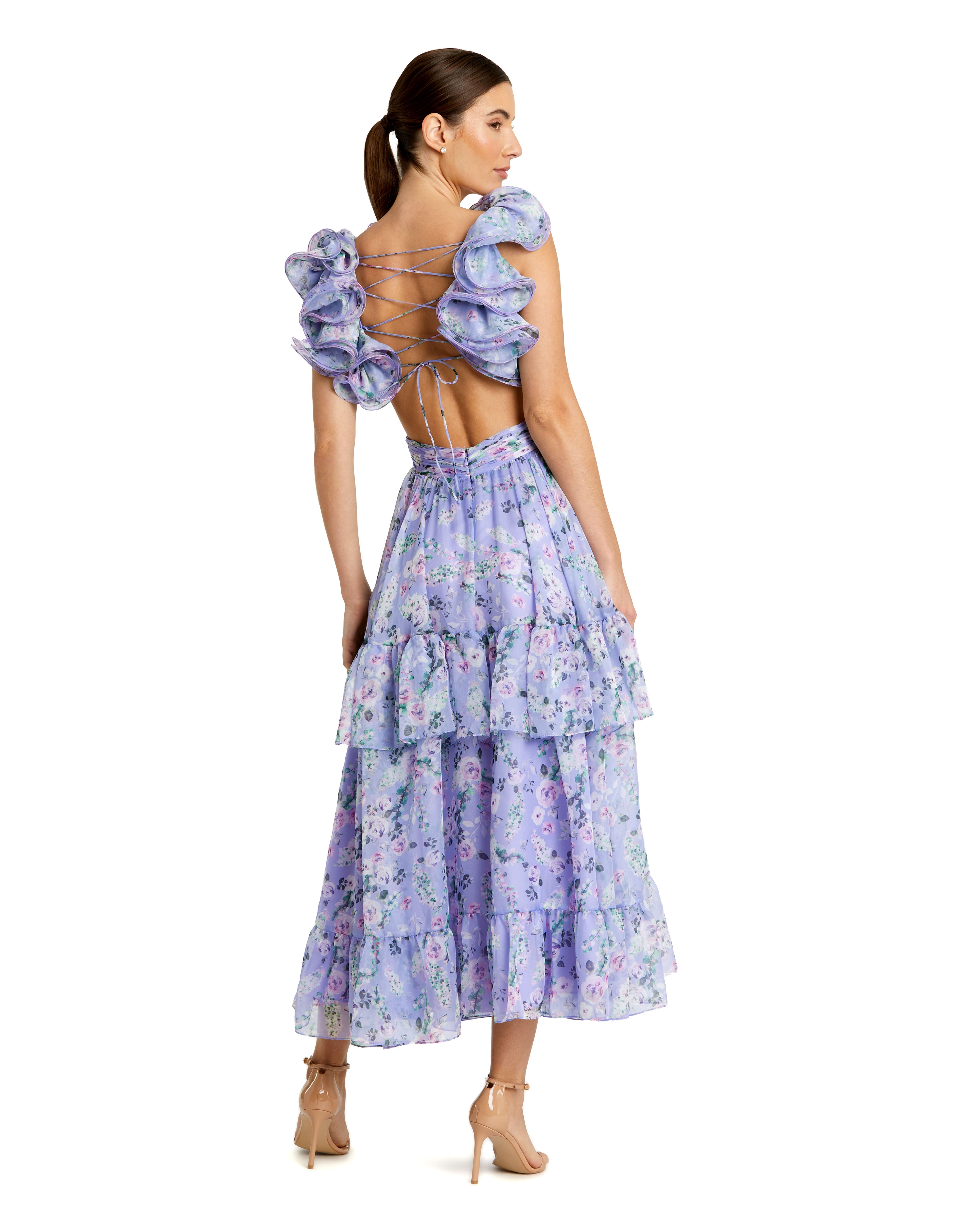 Ruffle Tiered Cut-Out Floral Chiffon Dress